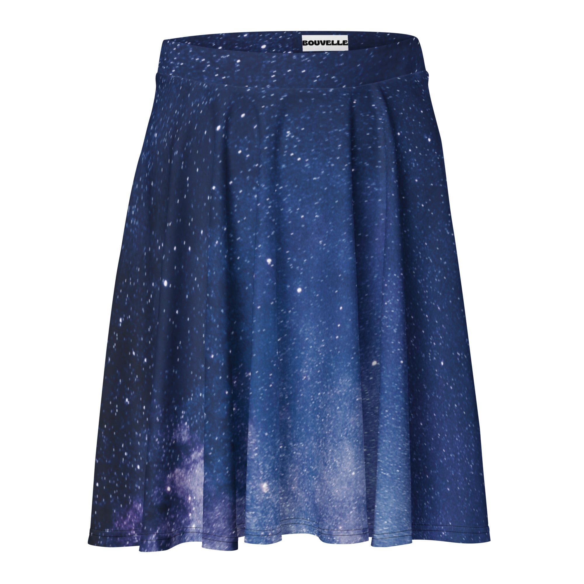 A navy blue women’s realistic galaxy skater skirt with white stars purple nebulae souvelle waistband flowy high waisted recycled fabric