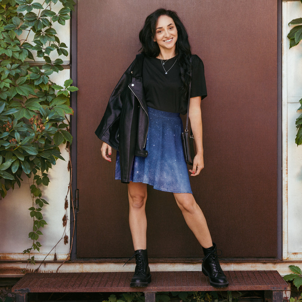 Women’s shimmering blue galaxy skater skirt with subtle glitter finish high waisted upf 50 plus recycled fabric