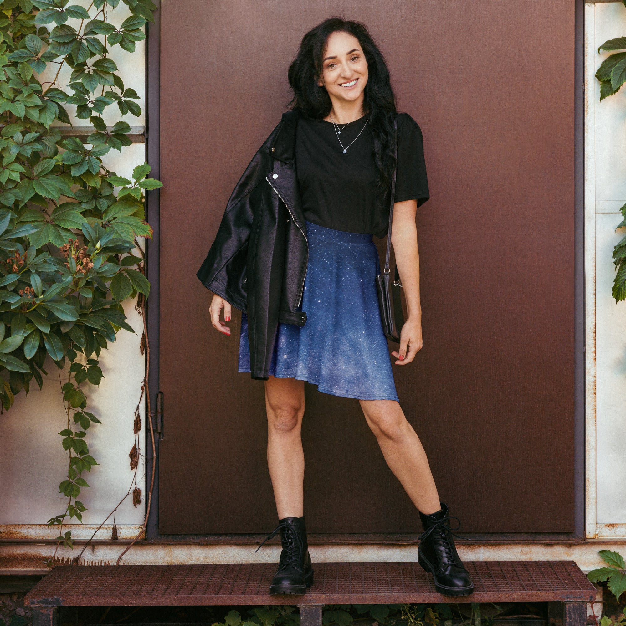Women’s shimmering blue galaxy skater skirt with subtle glitter finish high waisted upf 50 plus recycled fabric