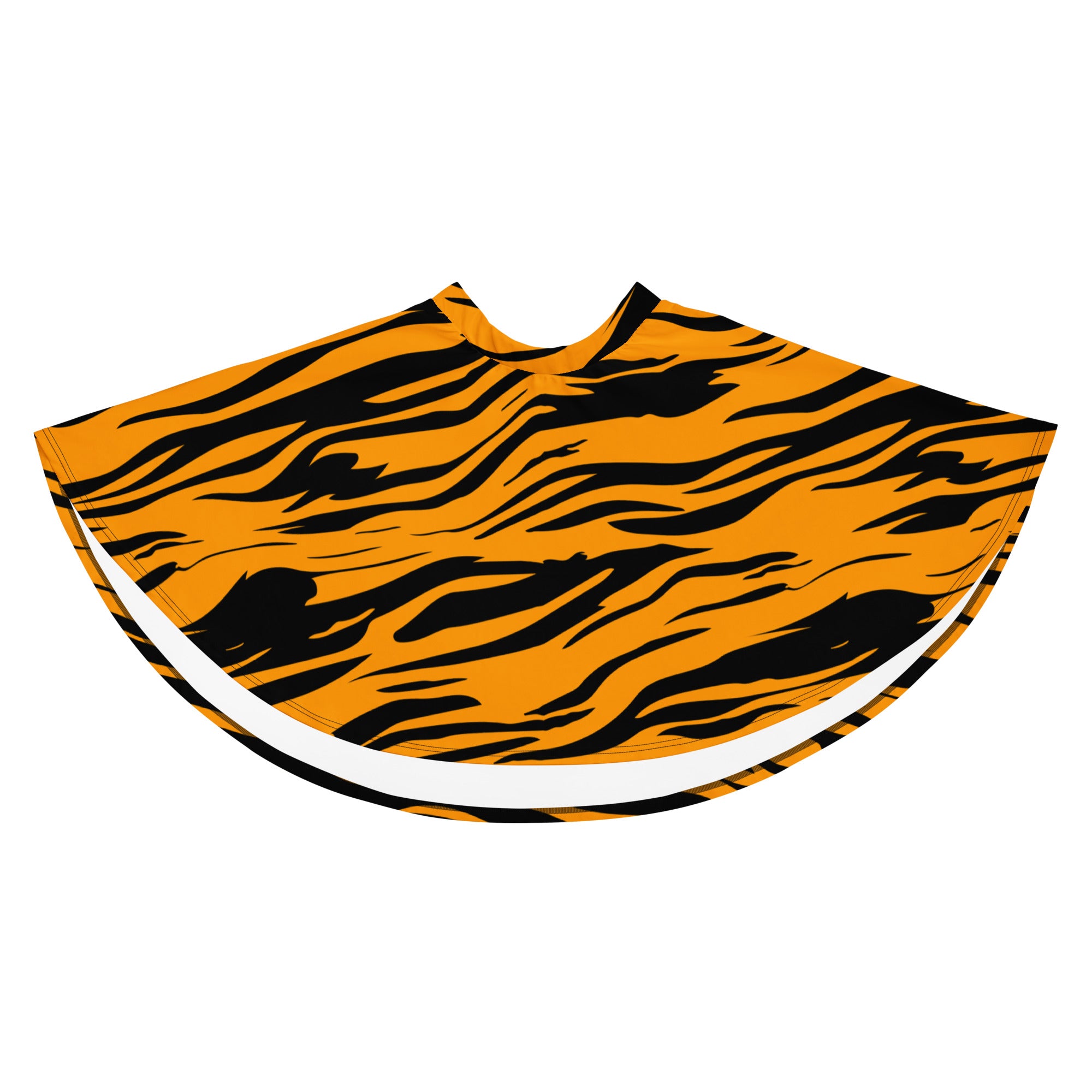 A vibrant orange and black tiger stripe patterned barber cape with white trim made from recycled fabric