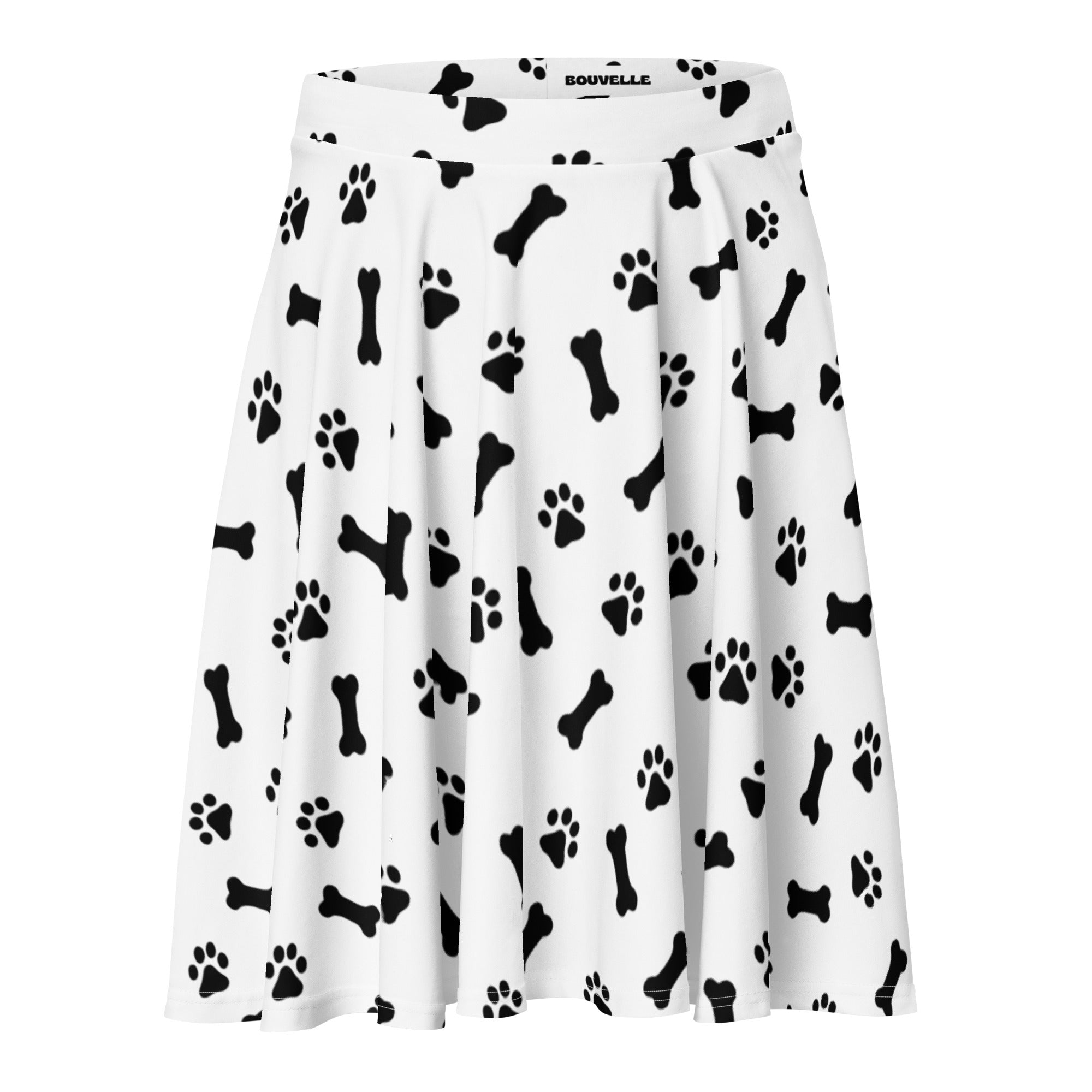 White pleated women’s skater skirt with black paw print and bone pattern high waisted flowy recycled fabric upf 50+