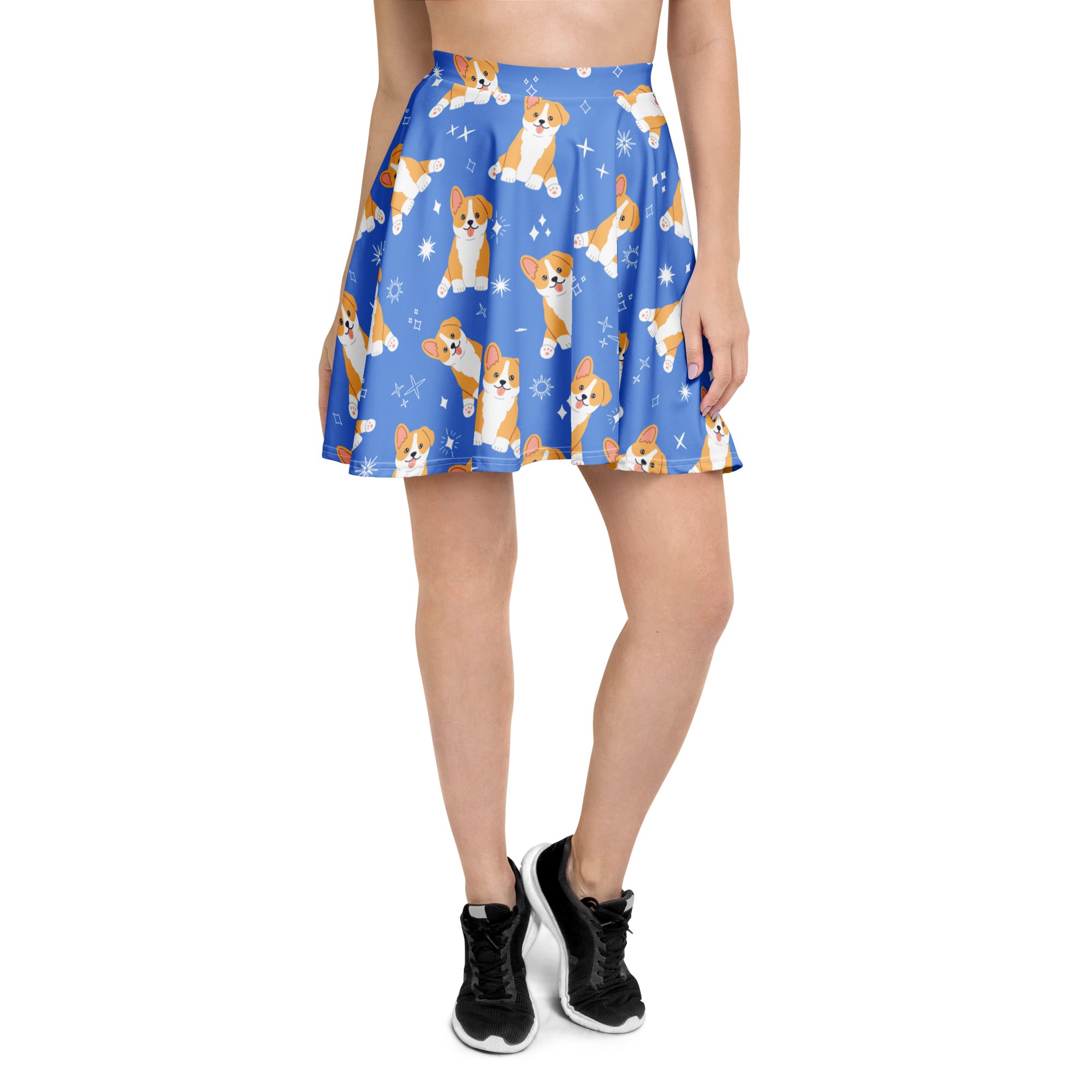 Women’s blue corgi dog skater skirt with playful cartoon pattern flowy high waisted upf 50 plus recycled fabric