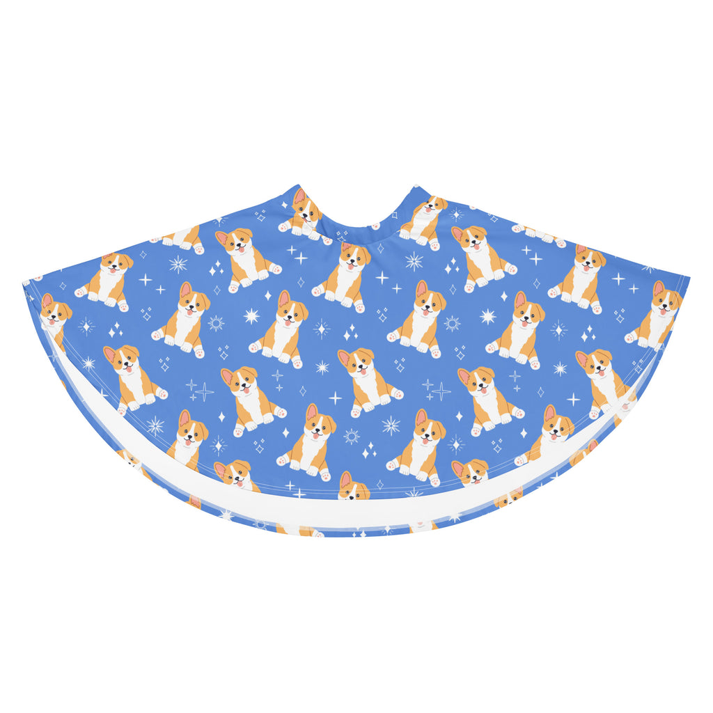 Women’s blue corgi dog skater skirt with flowy high waistupf 50plus recycled fabric featuring tan white corgis and stars