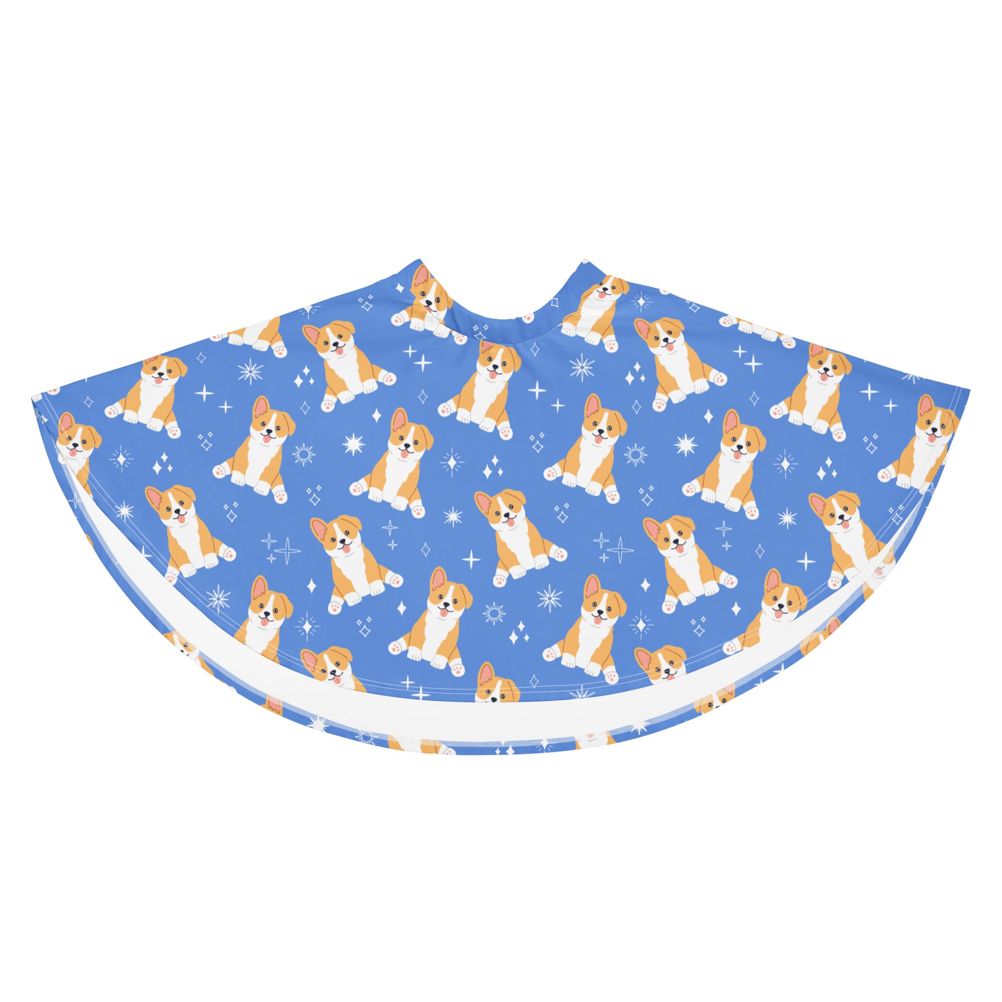Women’s blue corgi dog skater skirt with flowy high waistupf 50plus recycled fabric featuring tan white corgis and stars