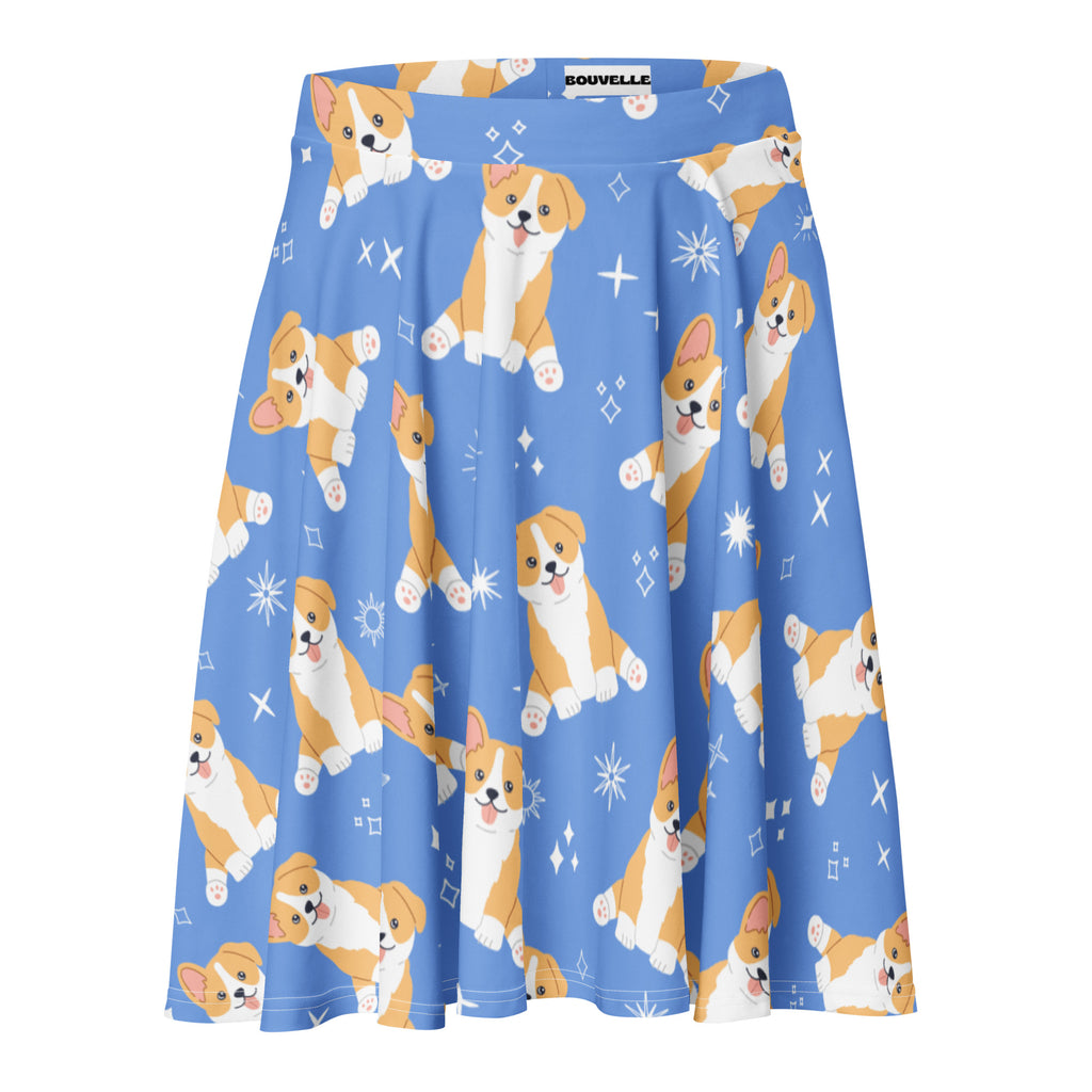 Women’s blue corgi dog skater skirt featuring playful cartoon corgis and white starbursts made with recycled fabric