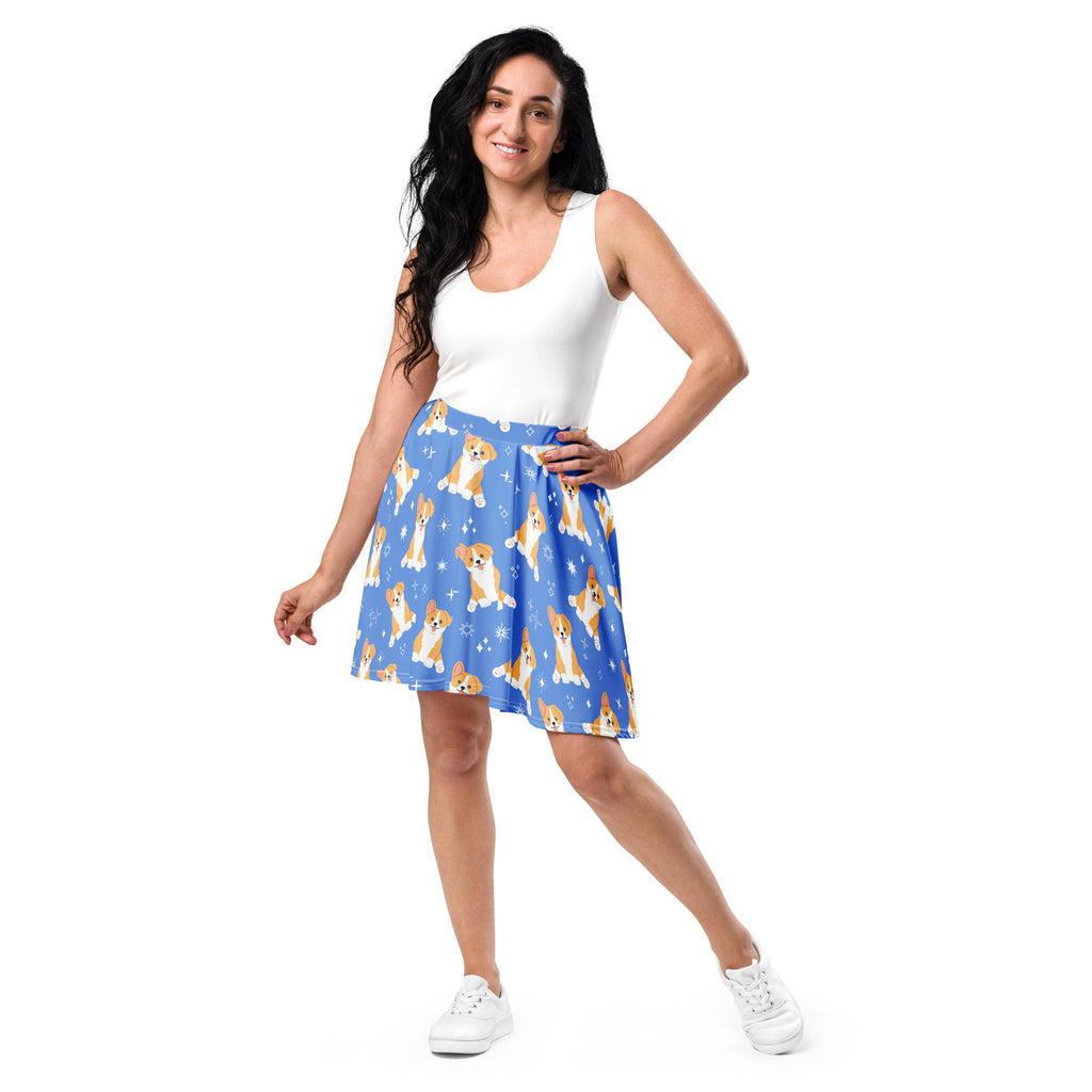 Women’s blue corgi dog skater skirt with playful tan and white corgi pattern, star accents, flowy high waisted with upf 50+