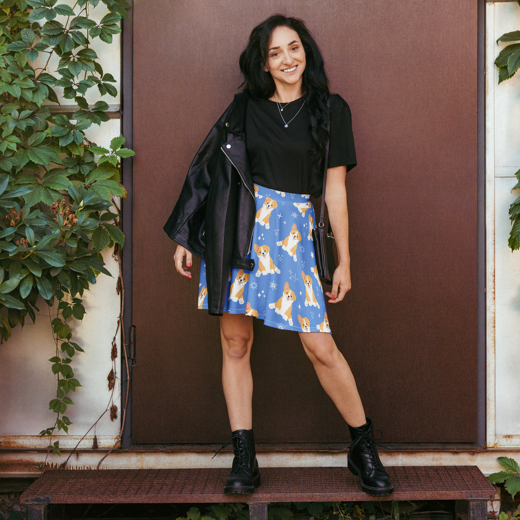 Women’s blue corgi dog skater skirt with playful corgi pattern flowy high waisted upf 50 plus recycled fabric