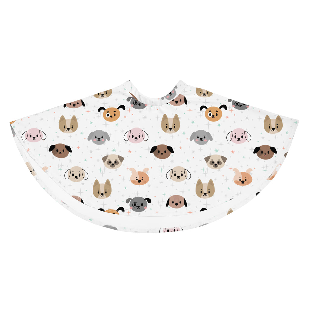 White barber cape with colorful cartoon dogs pattern paired with women’s dog face skater skirt flowy and high waisted