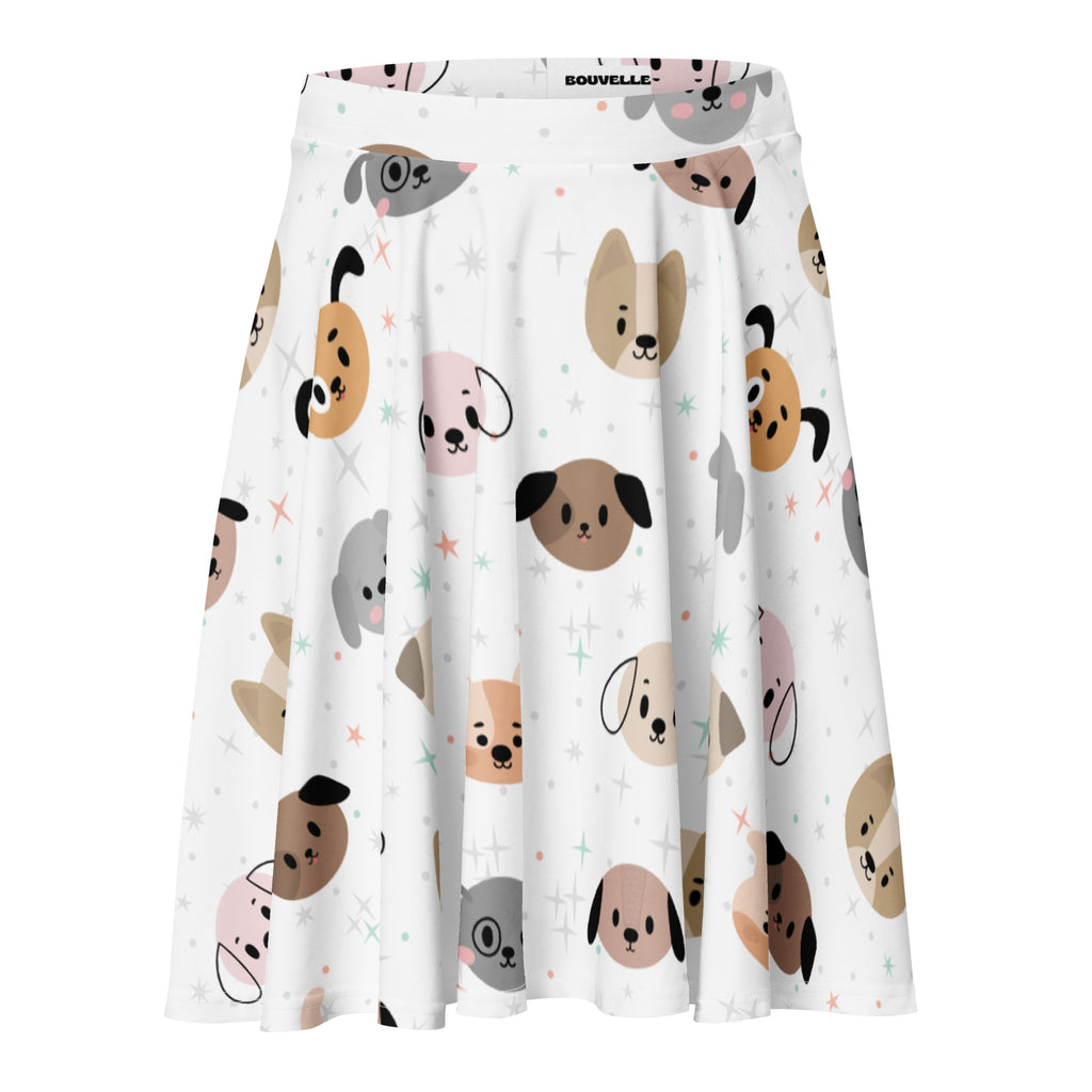 White pleated women’s dog face skater skirt with colorful cartoon dogs flowy high waisted upf 50 plus recycled fabric