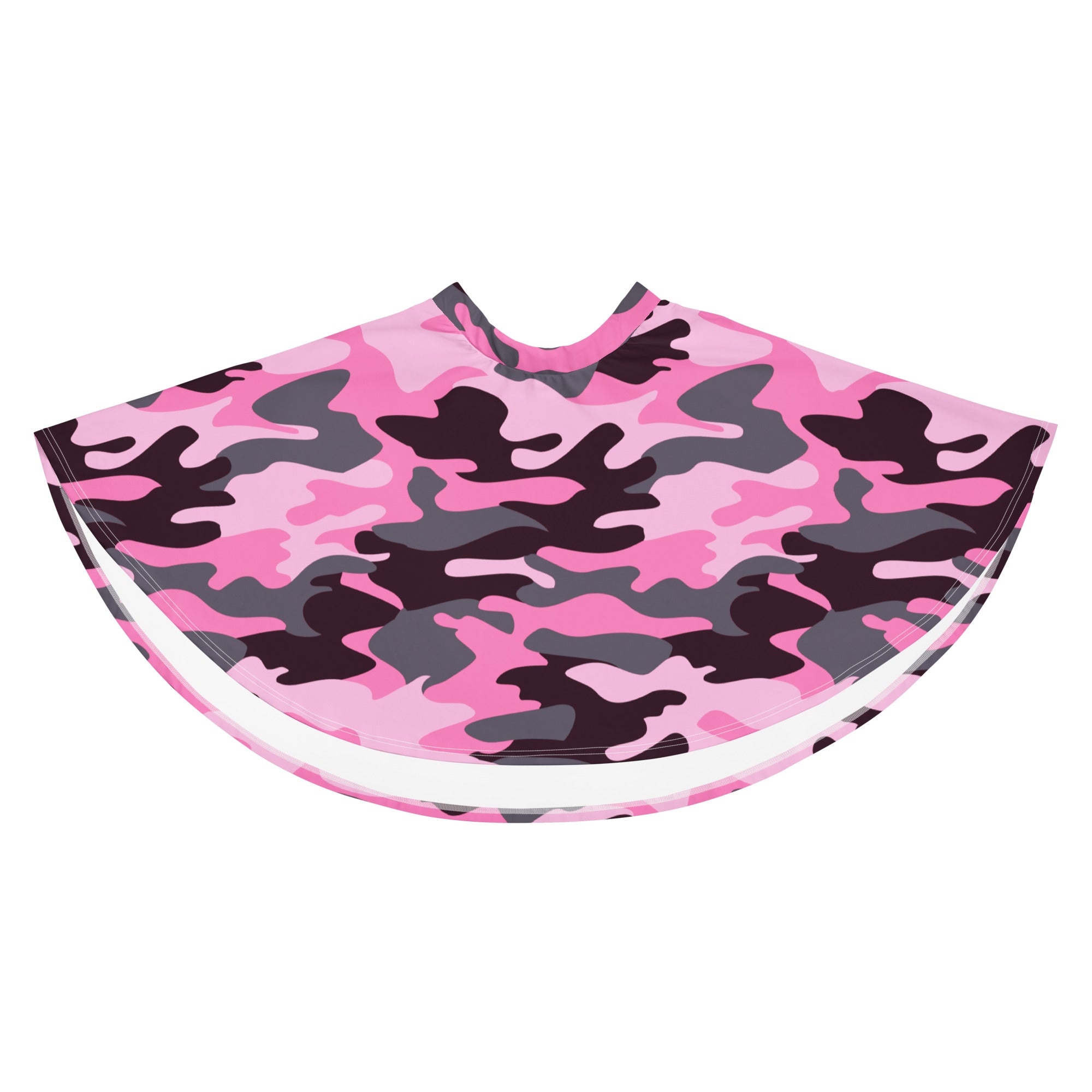 Pink and black camouflage-patterned barber cape with white trim designed for salon use and easy cleaning