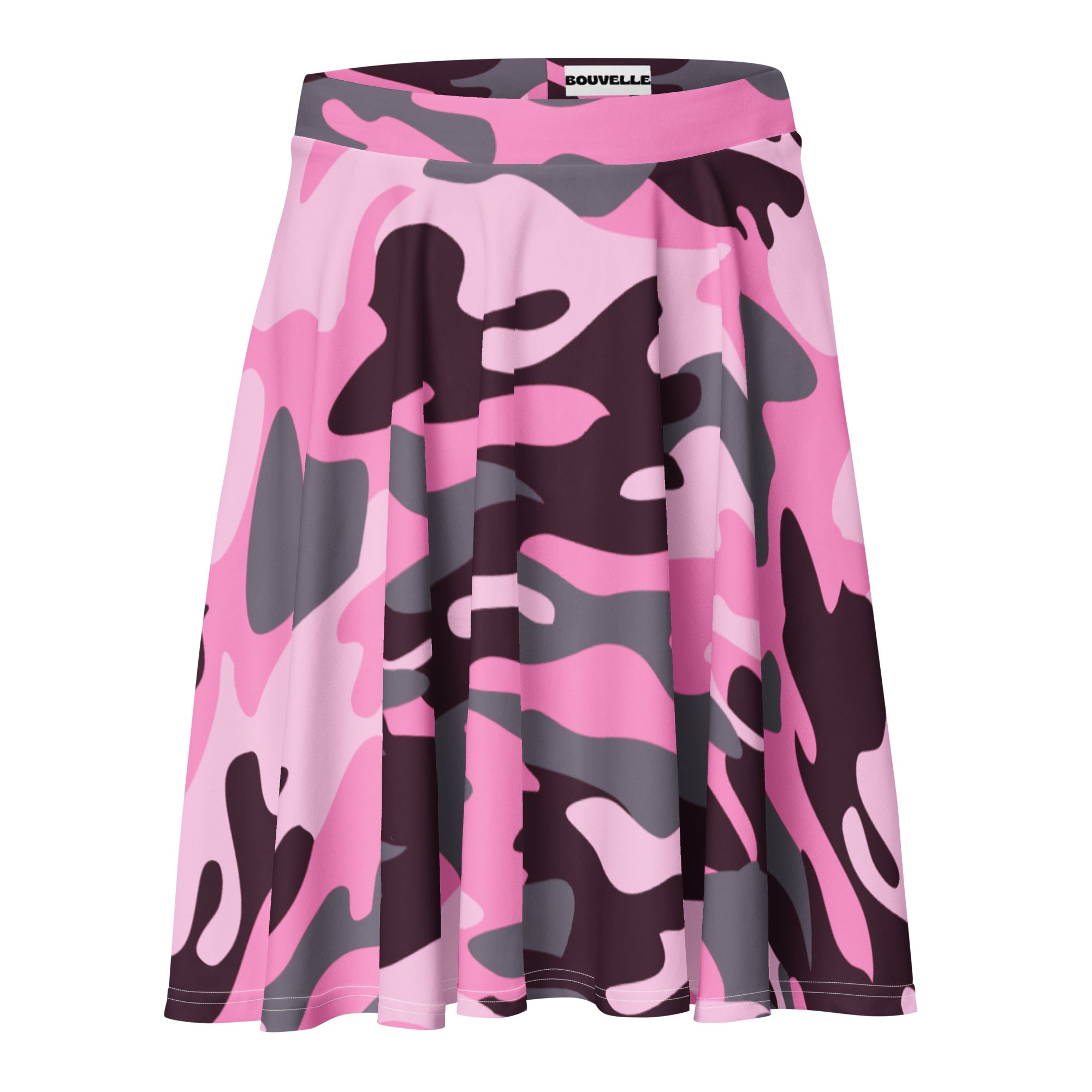 Women’s pink gray and dark purple camouflage pleated skater skirt by souvelle with upf 50 plus and recycled fabric