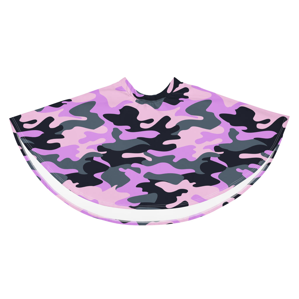 A pink black and gray camouflage barber cape with white trim designed for professional grooming use