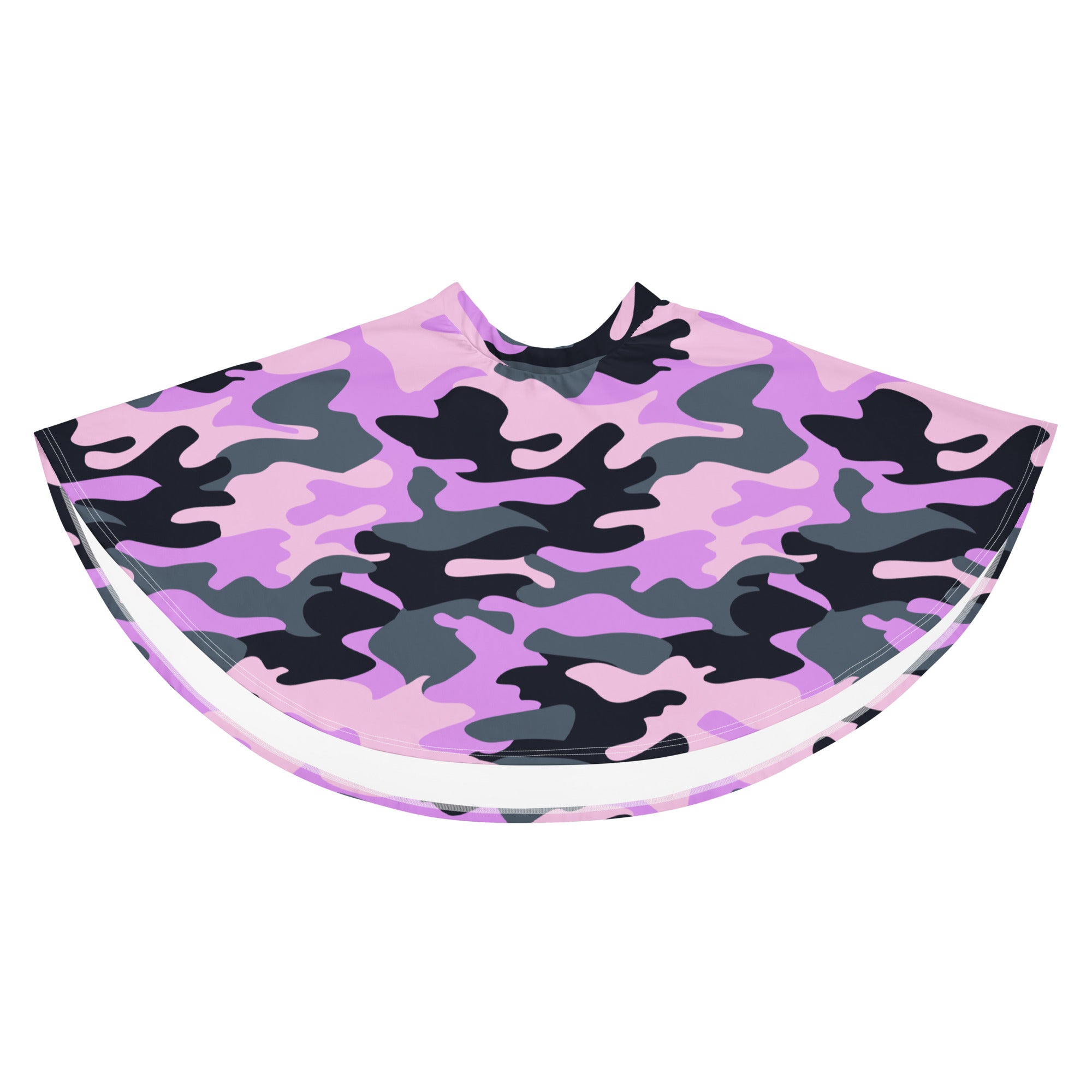 A pink black and gray camouflage barber cape with white trim designed for professional grooming use