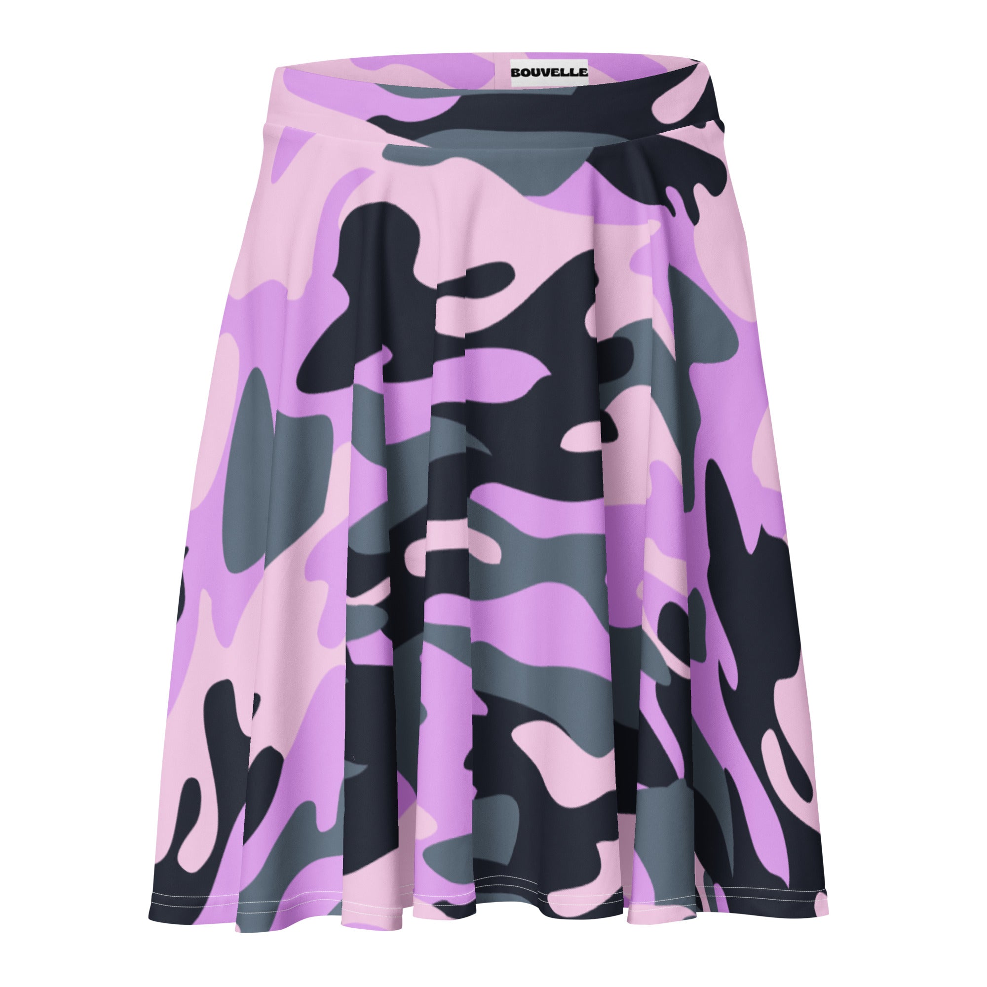 Women’s purple black and gray camouflage pleated skater skirt by bouvelle with flowy high waist upf 50 and recycled fabric