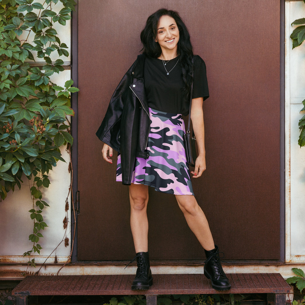 Women’s purple and black camouflage skater skirt flowy high waisted with upf 50 plus made from recycled fabric