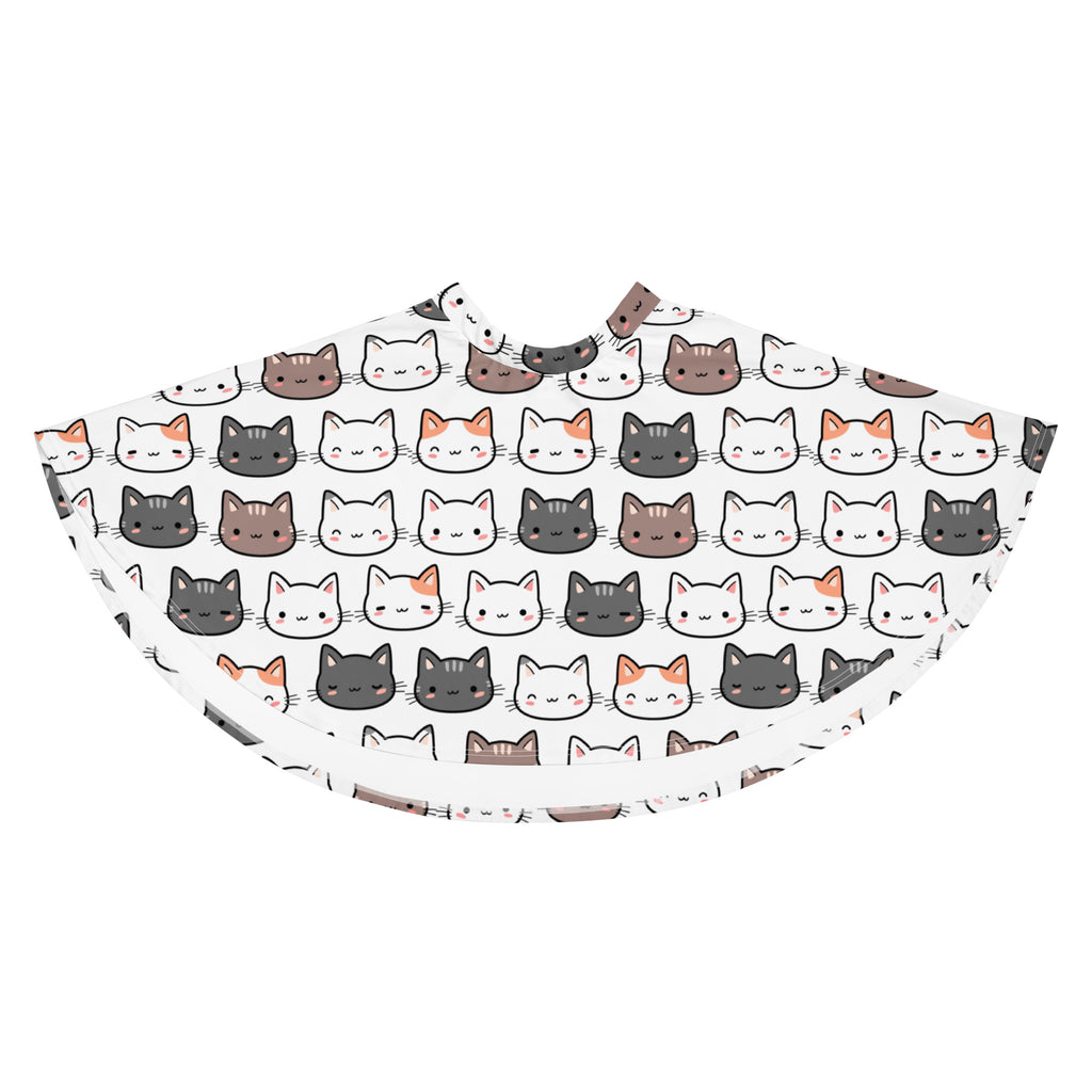 White women’s cute cat face skater skirt with flowy high waisted design and colorful cartoon cat pattern