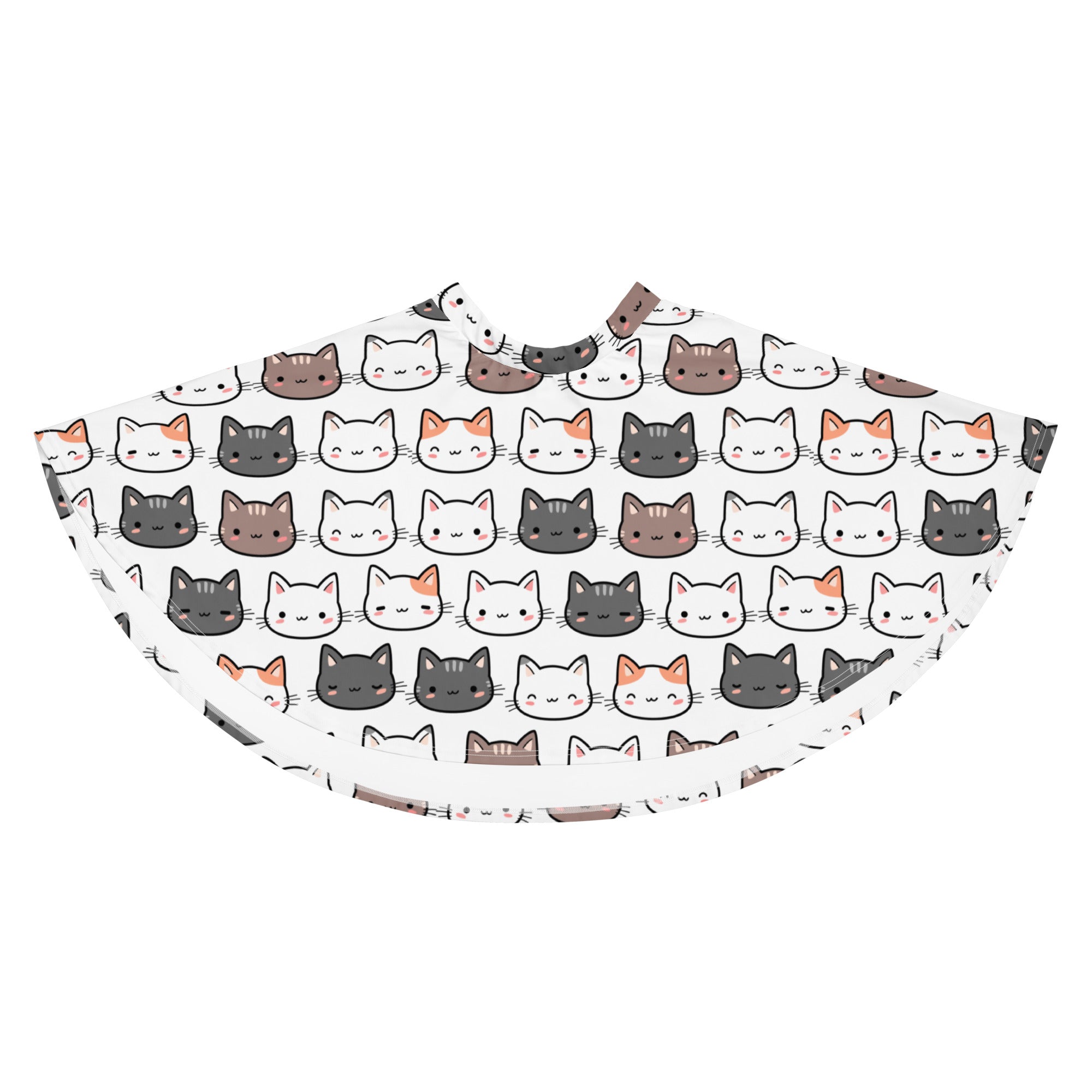 White women’s cute cat face skater skirt with flowy high waisted design and colorful cartoon cat pattern