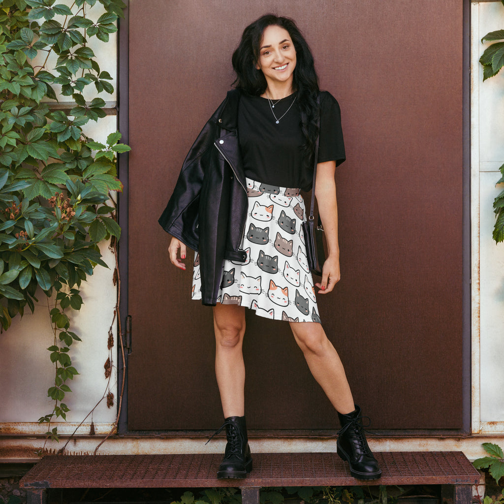 A black leather jacket with zipper detail worn over a white women’s cute cat face skater skirt with colorful cat pattern