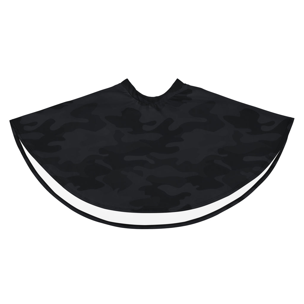 Black camouflage-patterned barber cape with white trim made from recycled fabric for women’s protective use