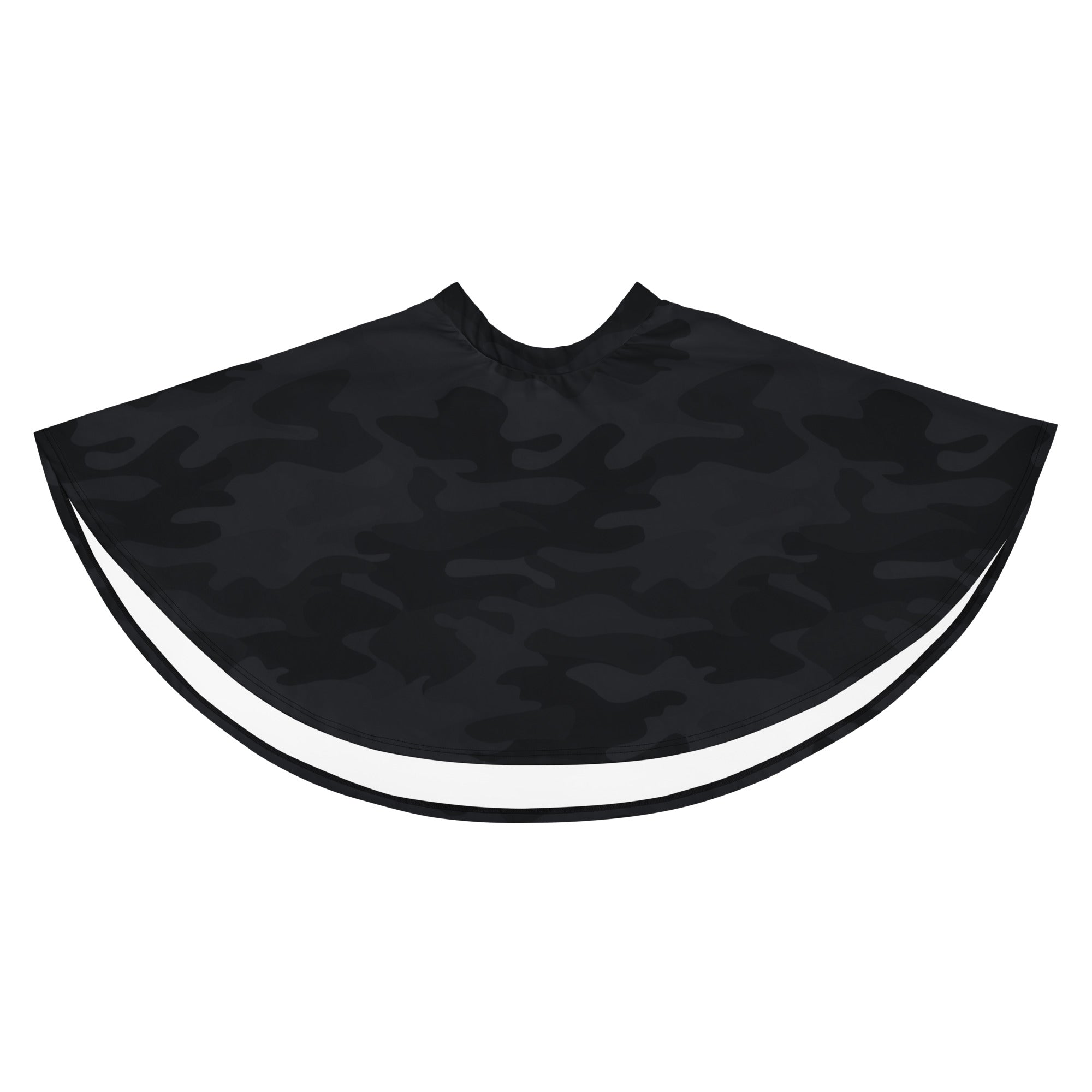 Black camouflage-patterned barber cape with white trim made from recycled fabric for women’s protective use