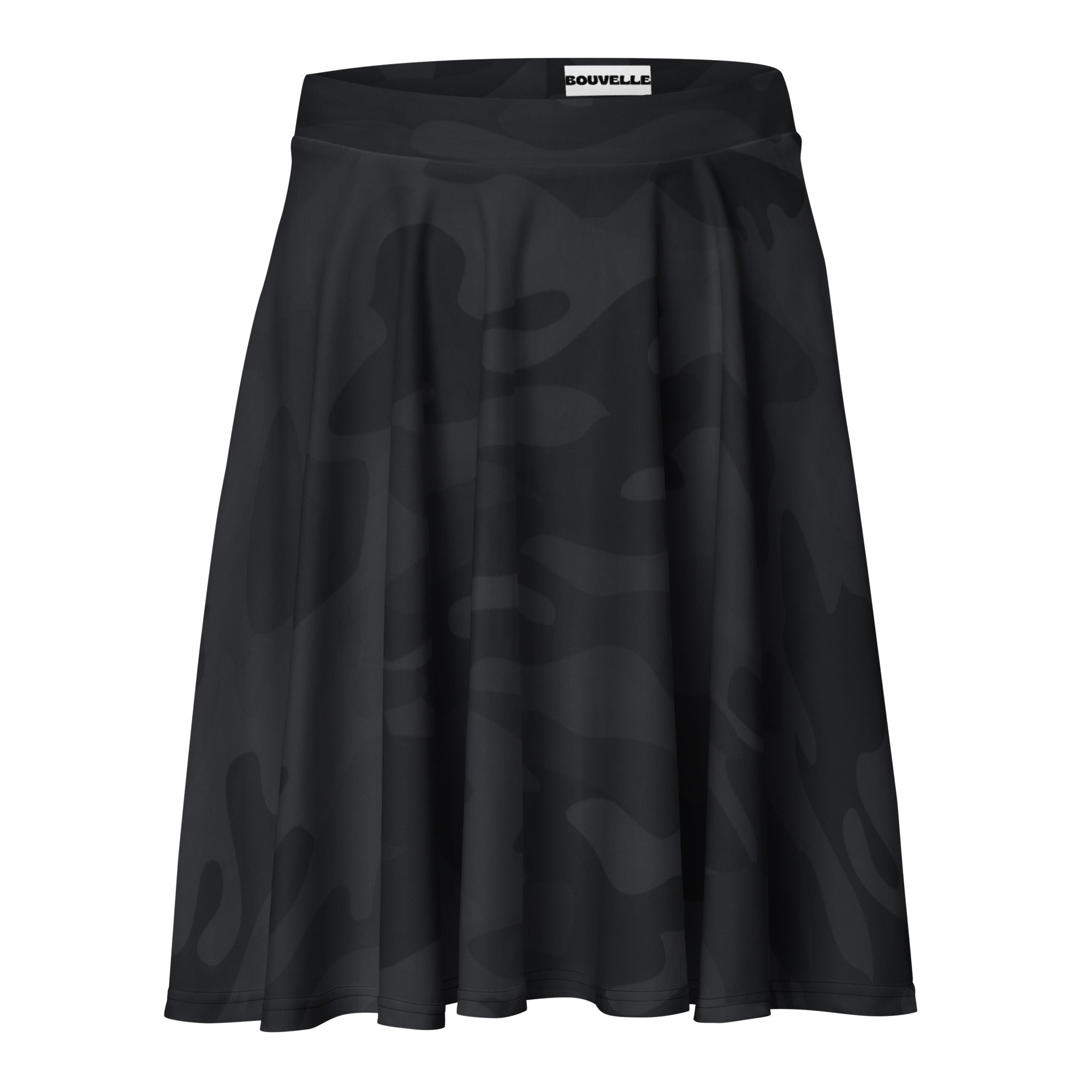 Black camouflage pleated skater skirt by souvelle high waisted flowy with upf 50 plus recycled fabric