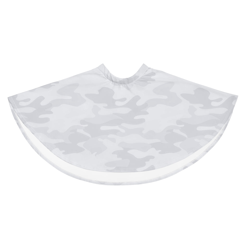 White and gray camouflage barber cape with smooth lightweight fabric finish for professional use