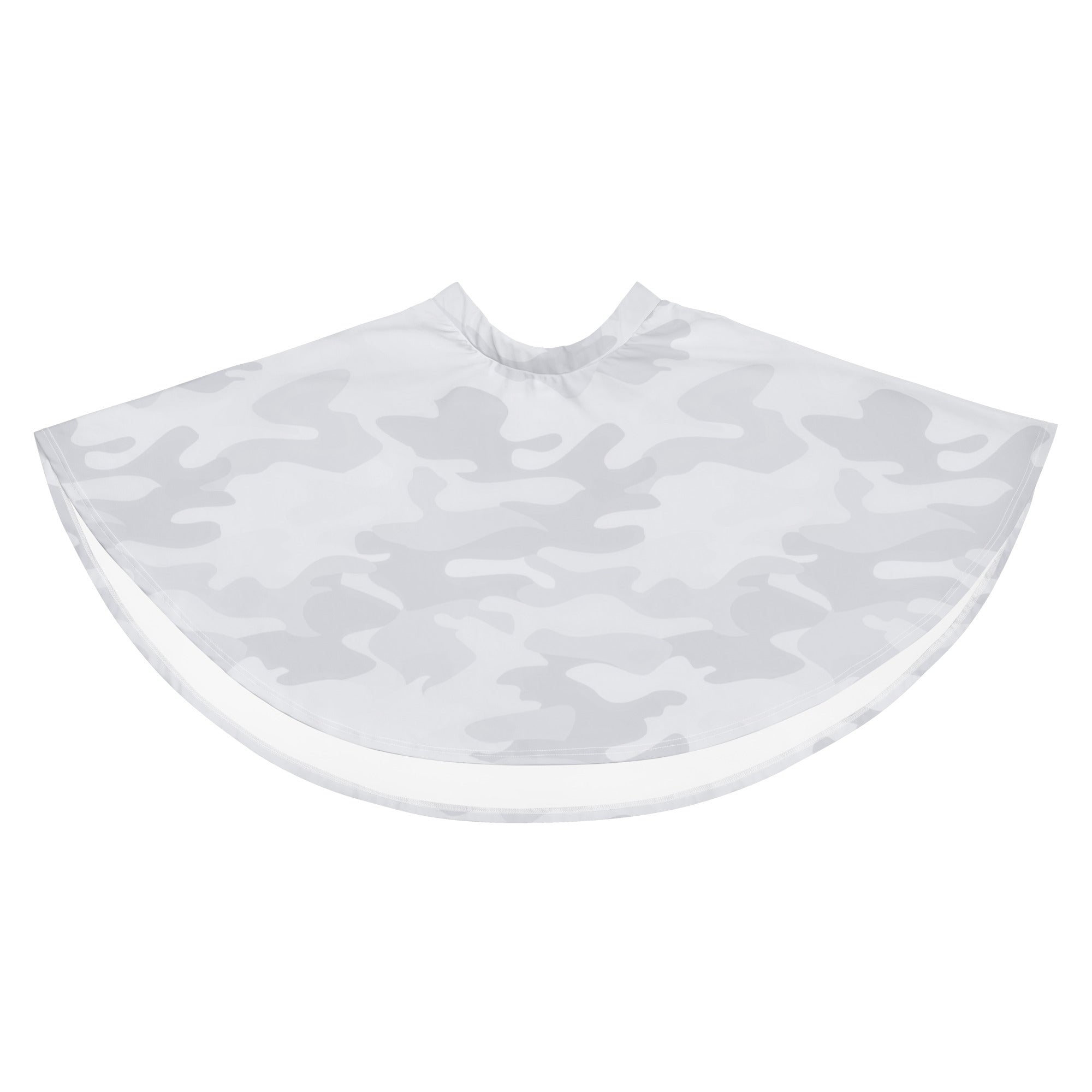White and gray camouflage barber cape with smooth lightweight fabric finish for professional use