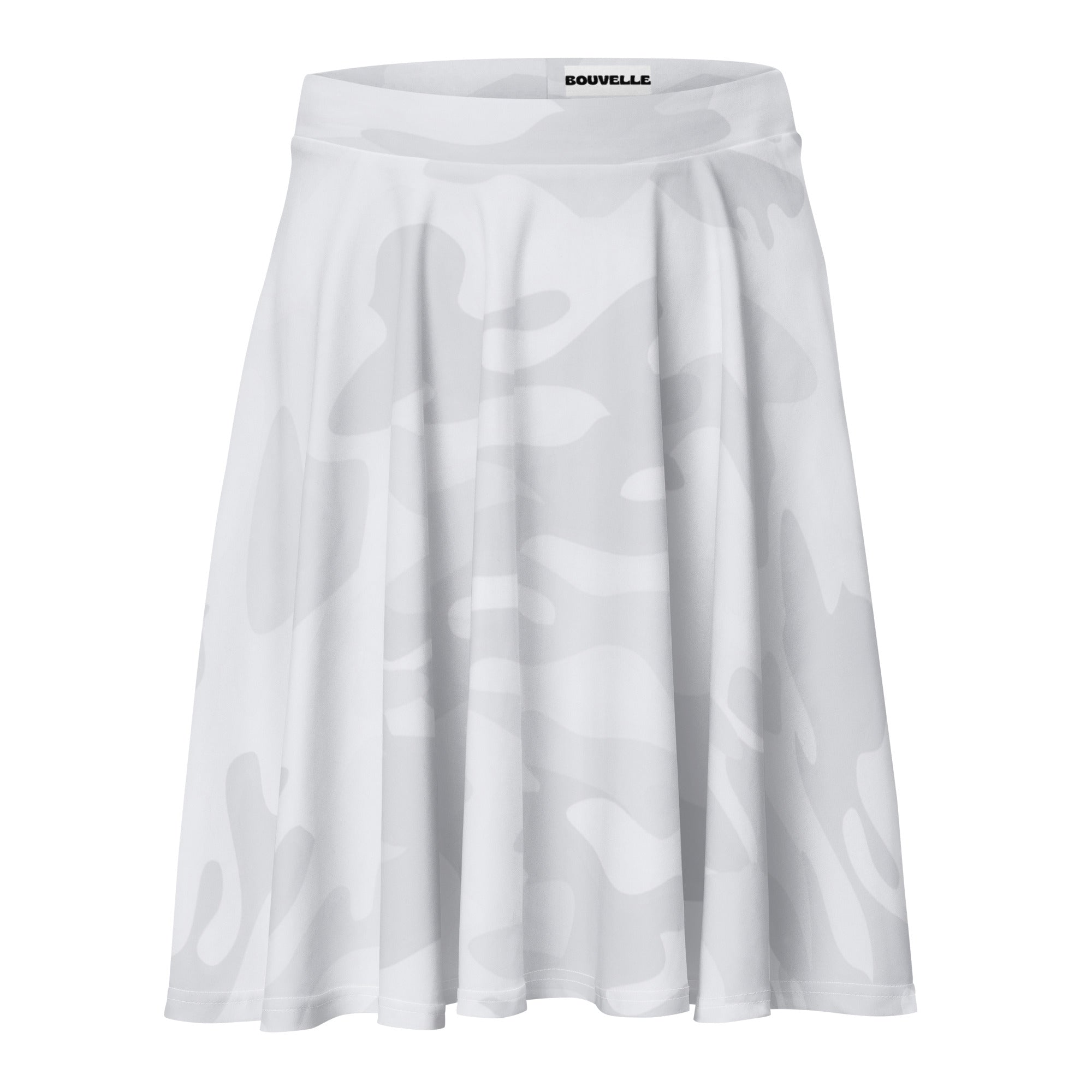 Women’s light gray pleated skater skirt with subtle gray camouflage pattern high waisted UPF 50 plus recycled fabric