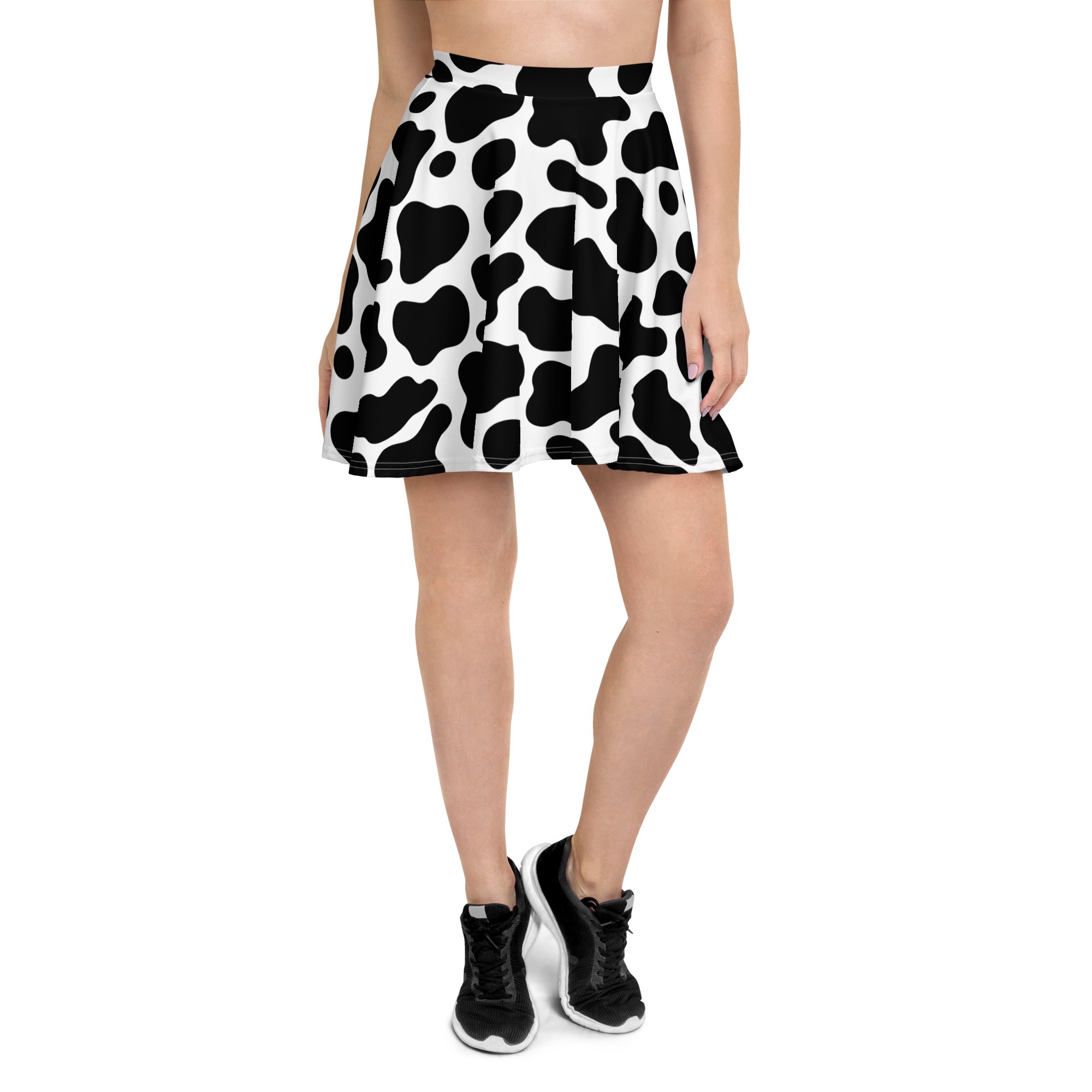 Women’s black and white cow print pleated skater skirt high waisted flowy with upf 50 plus recycled fabric