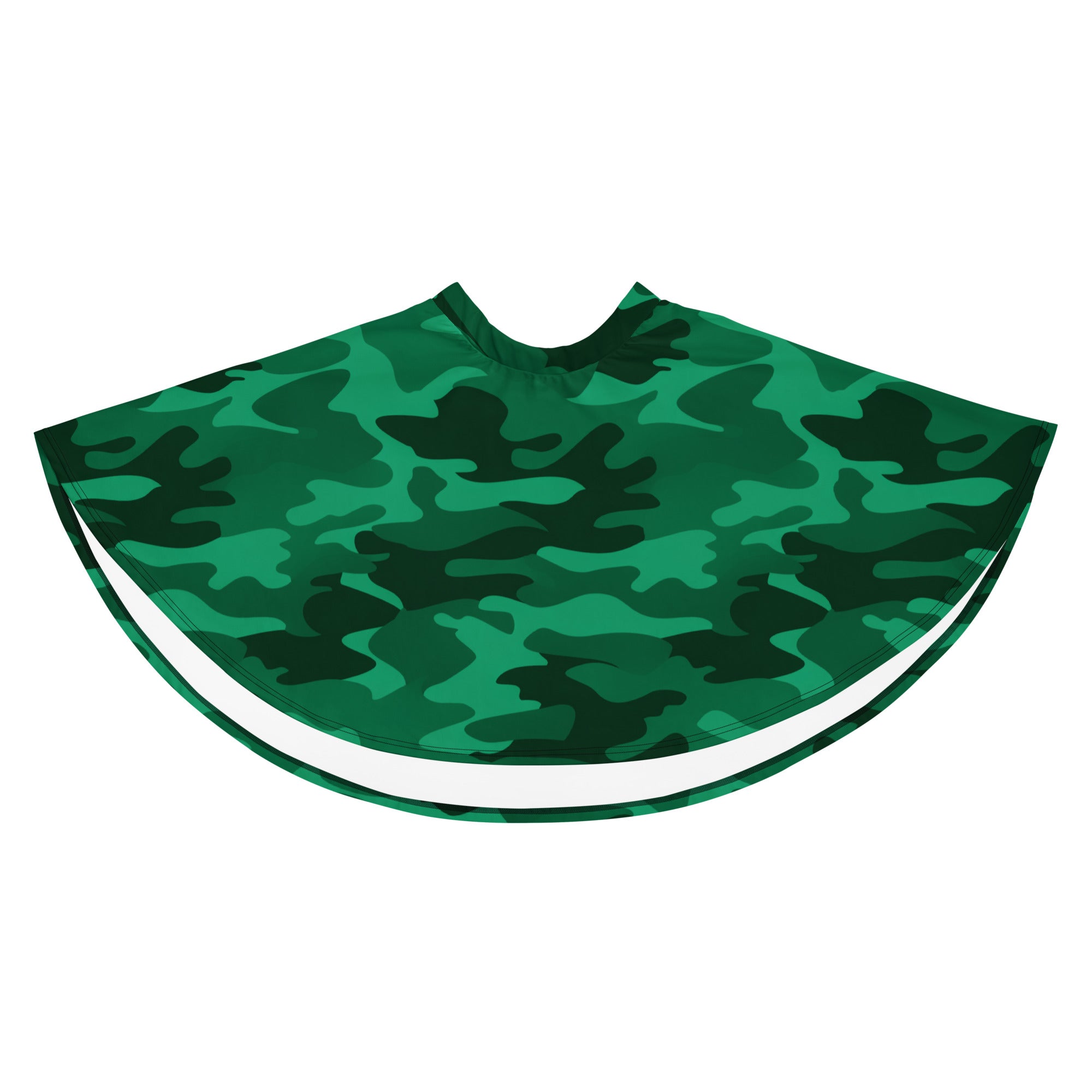 Women’s green camouflage skater skirt with white trim flowy high waisted made from recycled fabric with UPF 50 Plus