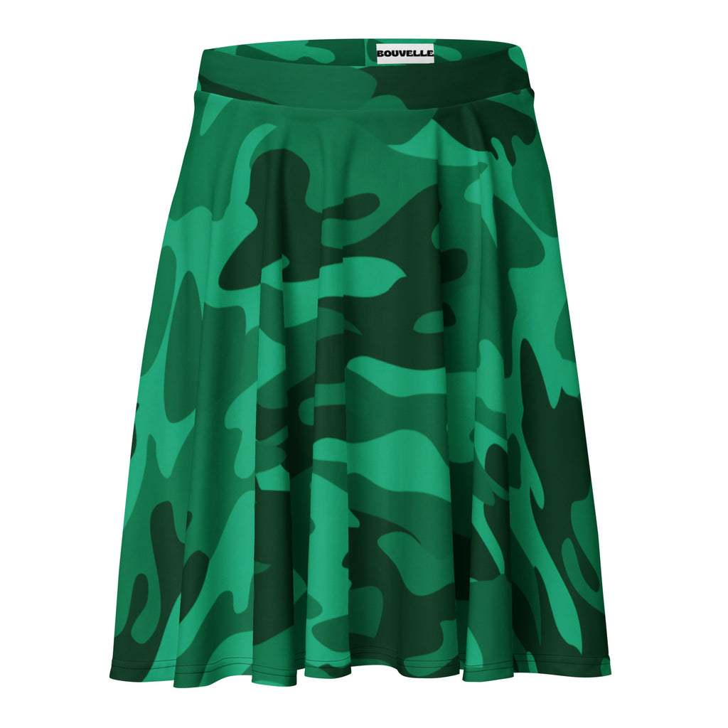 Women’s green camouflage skater skirt with flared high waisted elastic band in abstract emerald and forest green recycled fabric