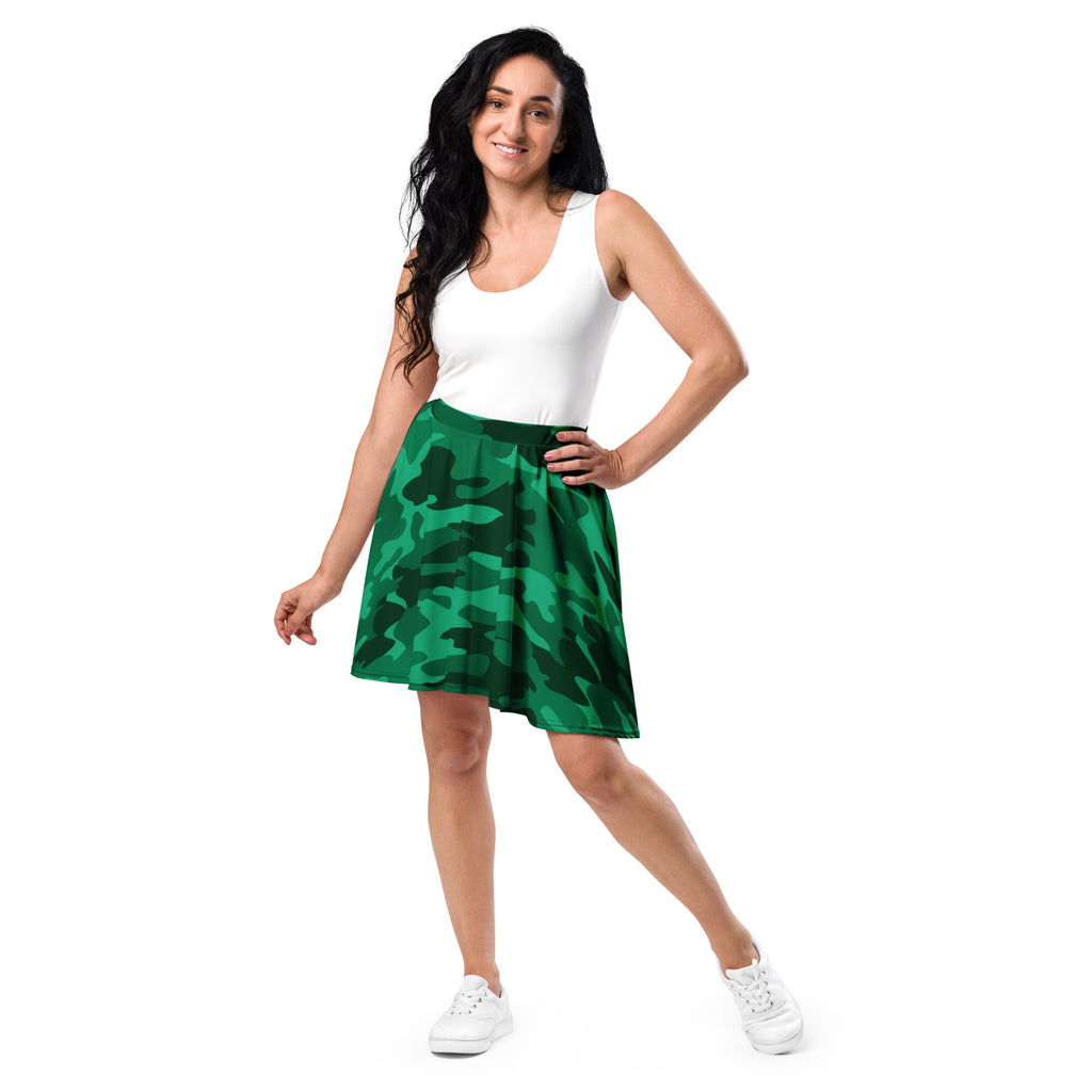 A vibrant green camouflage a-line skirt with flared hem made from recycled fabric with UPF 50+ protection
