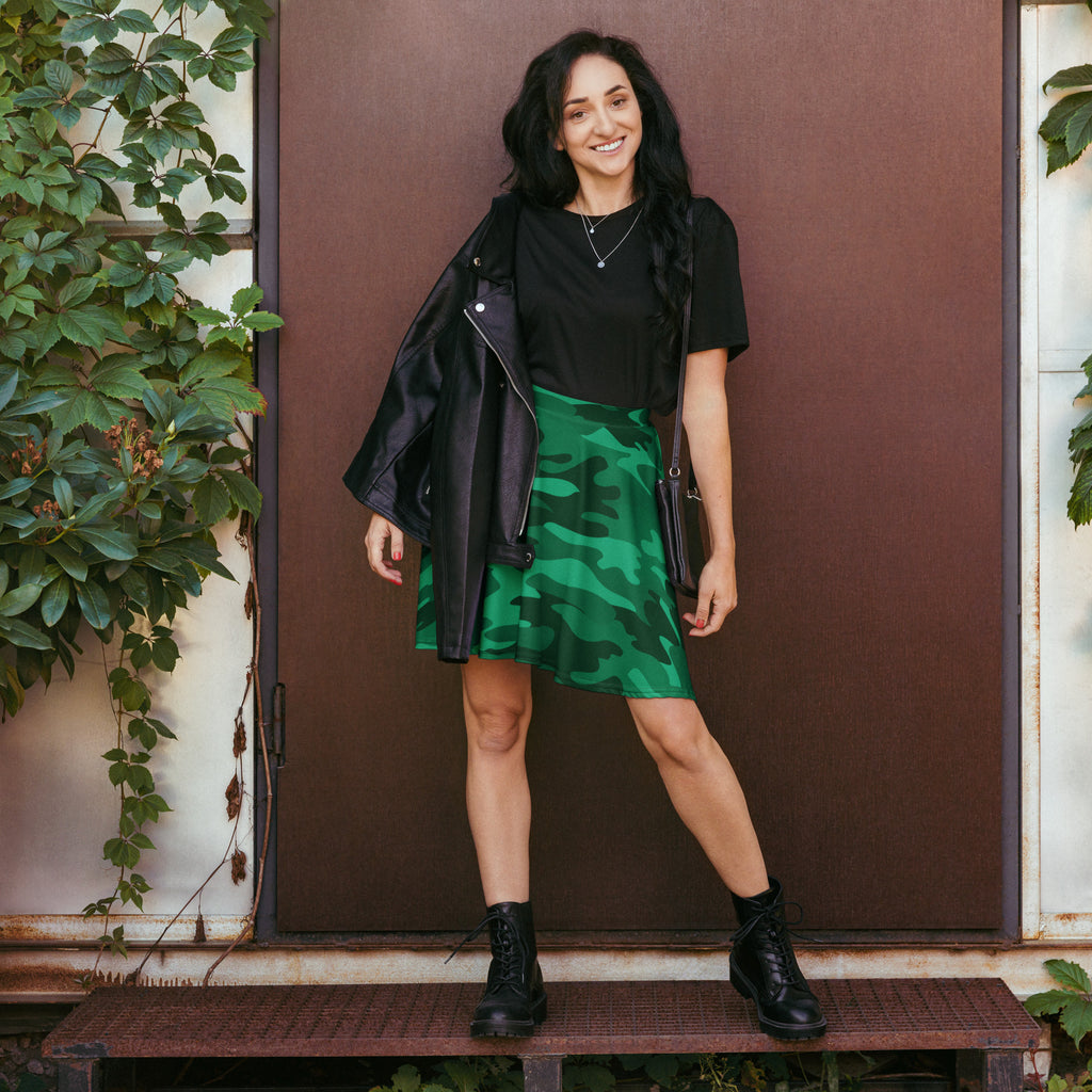 Women’s green camouflage skater skirt with flowy high waist made from recycled fabric and upf 50 plus protection