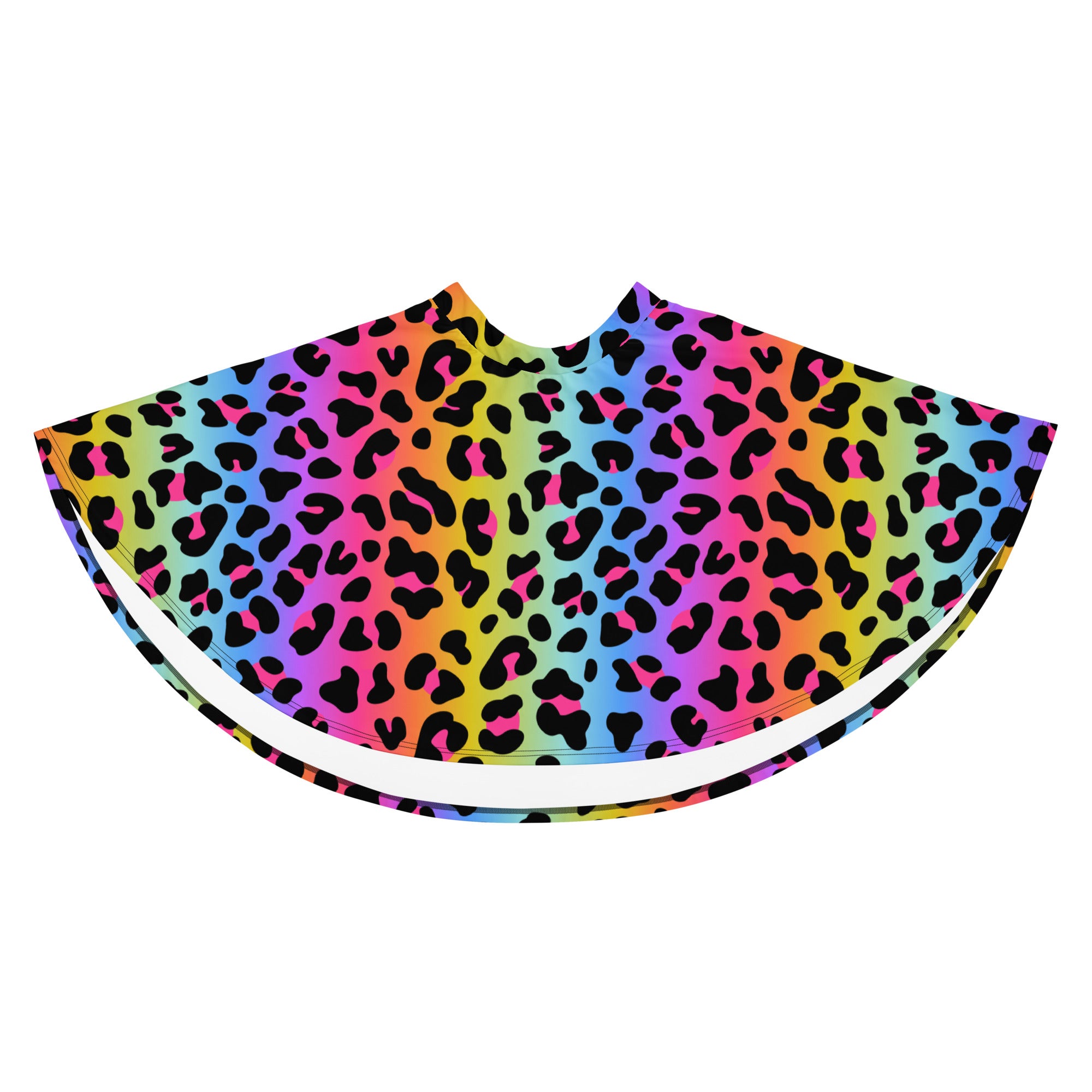 A vibrant rainbow-colored cape with bold black leopard print in recycled fabric and flowy high waisted design