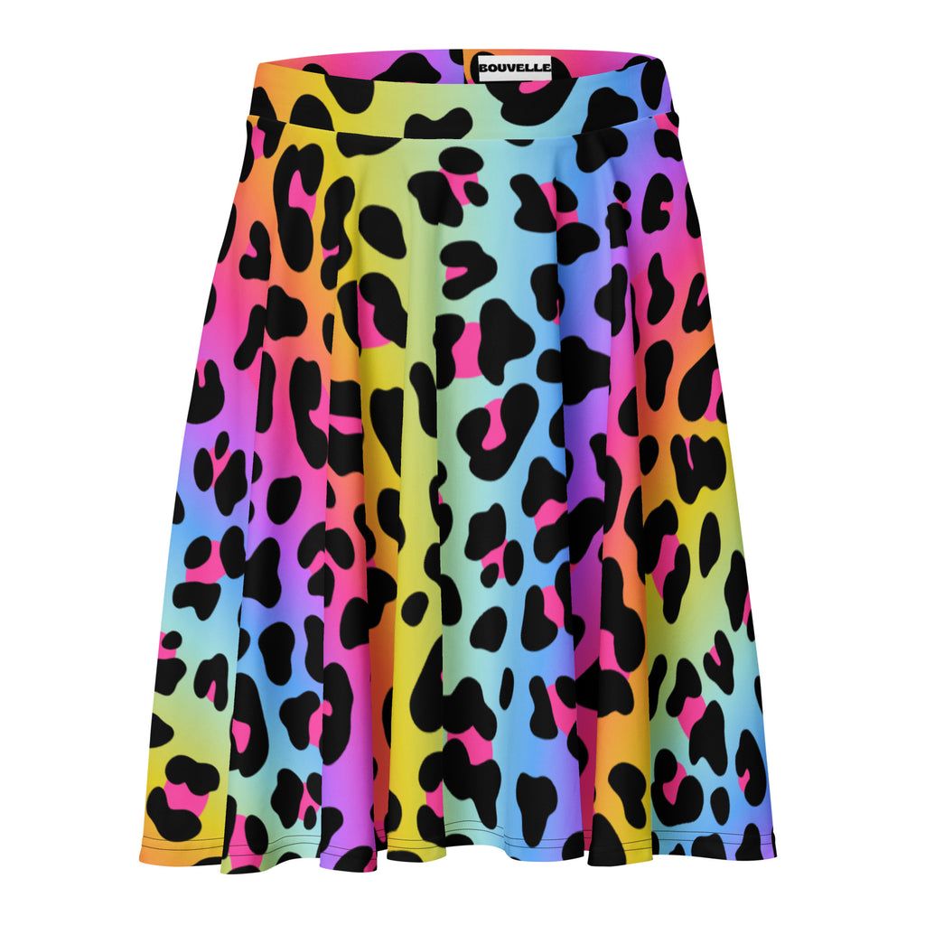 Women’s rainbow leopard skater skirt with bold black print made from stretchy recycled fabric by souvelle with upf 50+