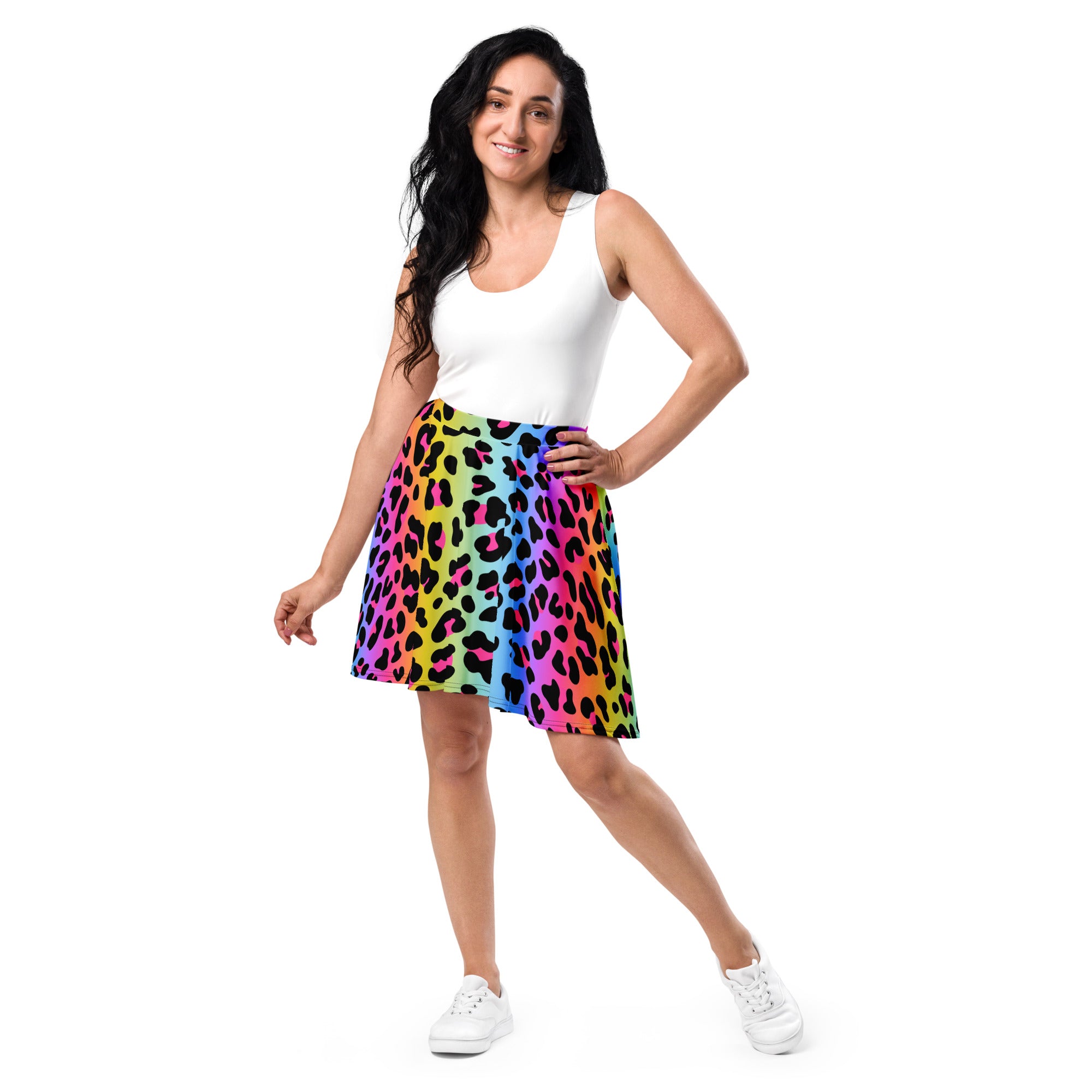 A vibrant rainbow-colored leopard print a-line skater skirt with flowy high waist UPF 50 plus recycled fabric