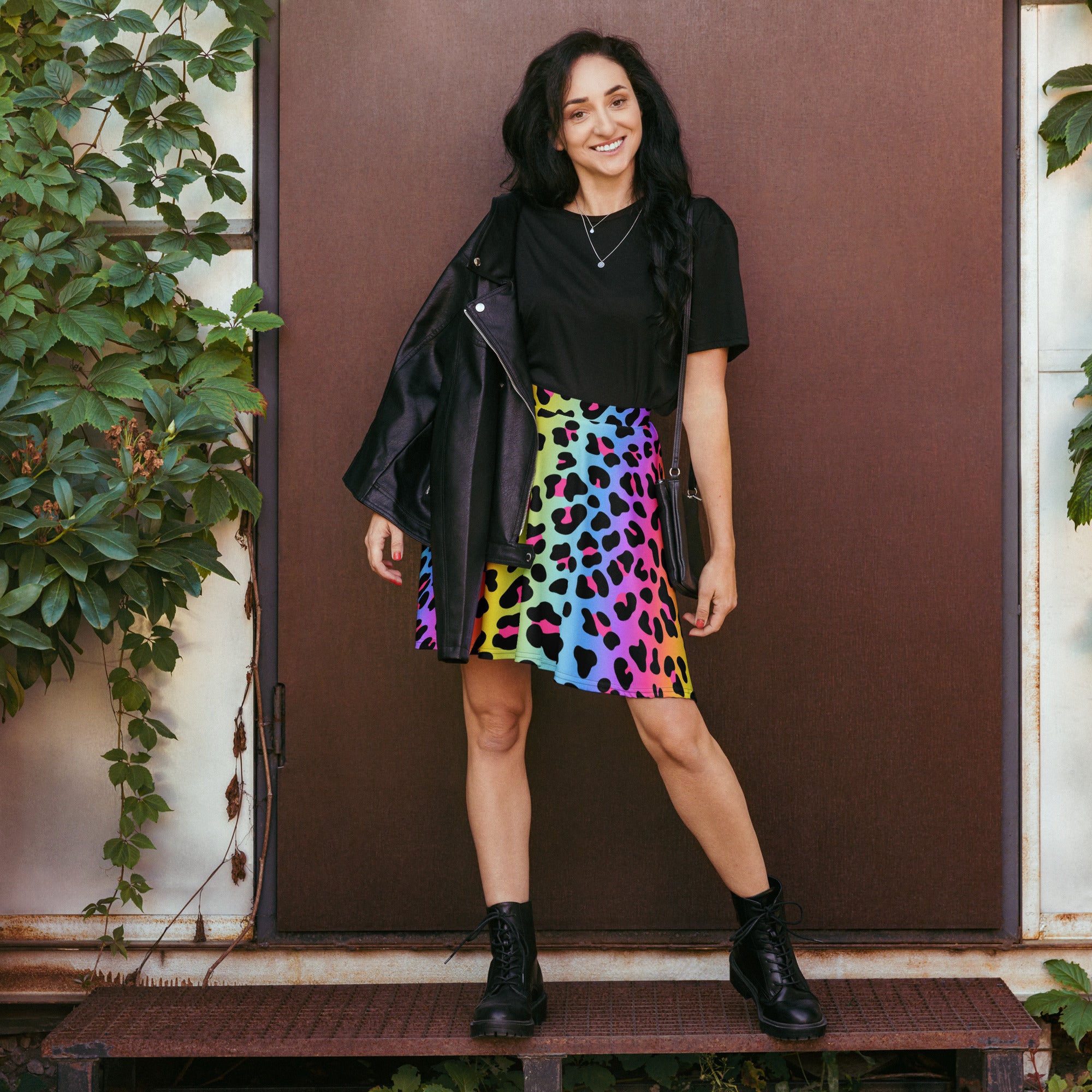 Women’s rainbow leopard skater skirt mini skirt flowy high waisted with upf 50 plus and recycled fabric