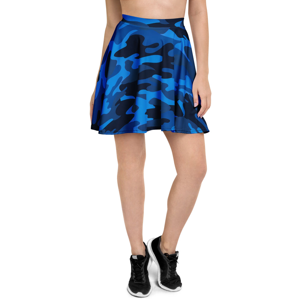 Women’s blue camouflage skater skirt with flared design made from smooth stretchy recycled fabric with upf 50+ protection