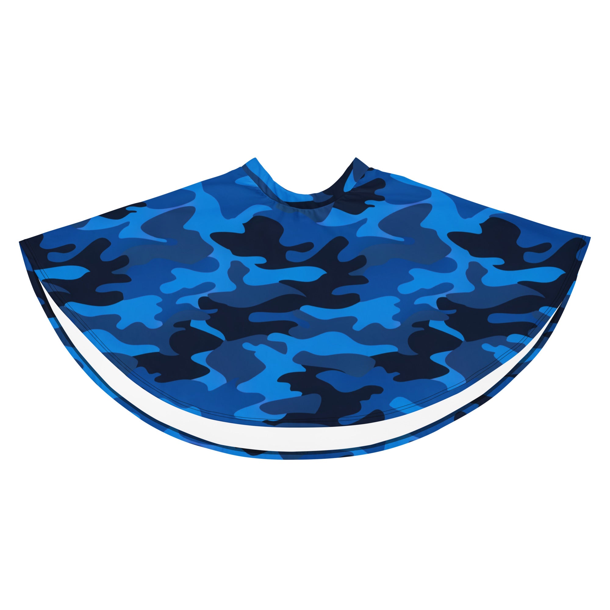 Blue camouflage-patterned barber cape with white trim designed for professional use and durability
