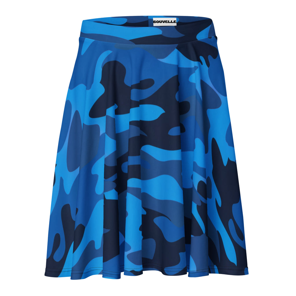 Women’s blue and navy camouflage pleated skater skirt by souvelle with flowy high waist upf 50 plus recycled fabric