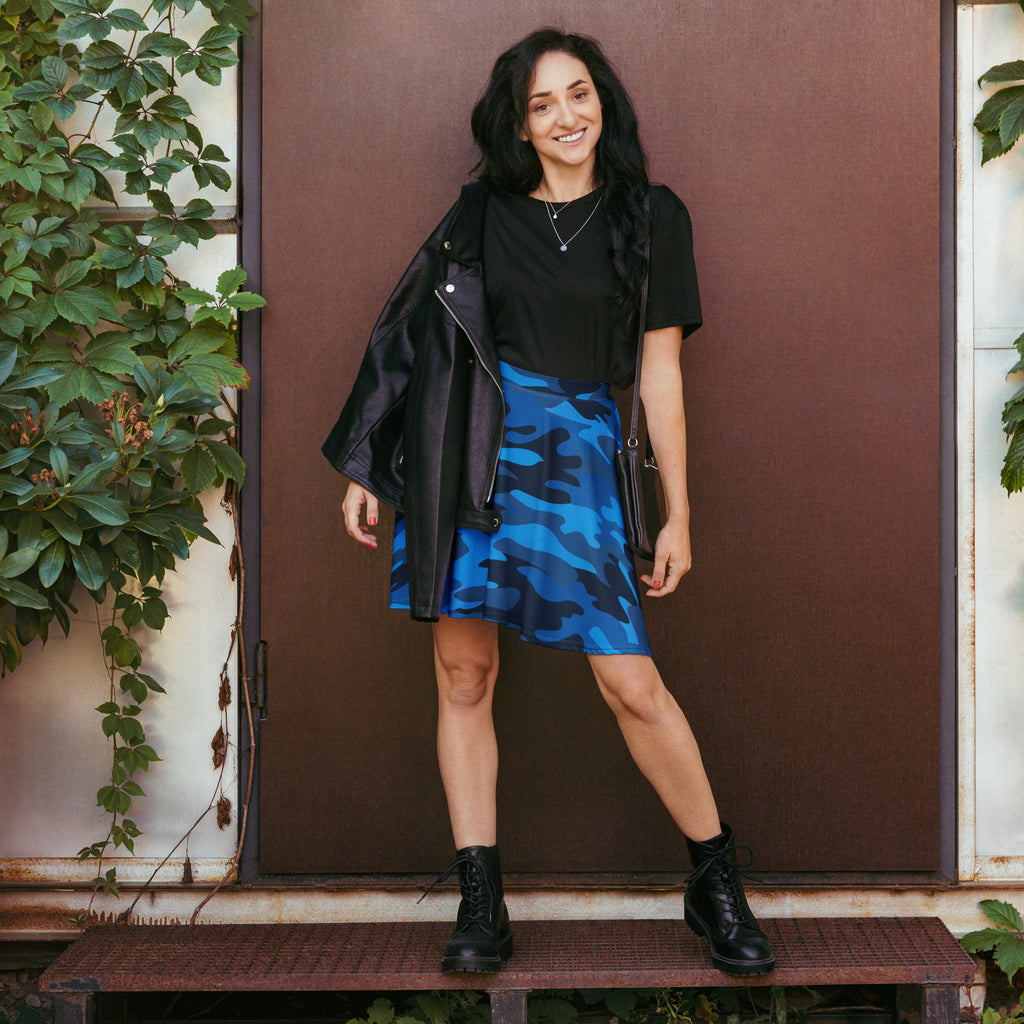 Women’s blue camouflage skater skirt with flowy high waist made from recycled fabric and UPF 50 plus protection