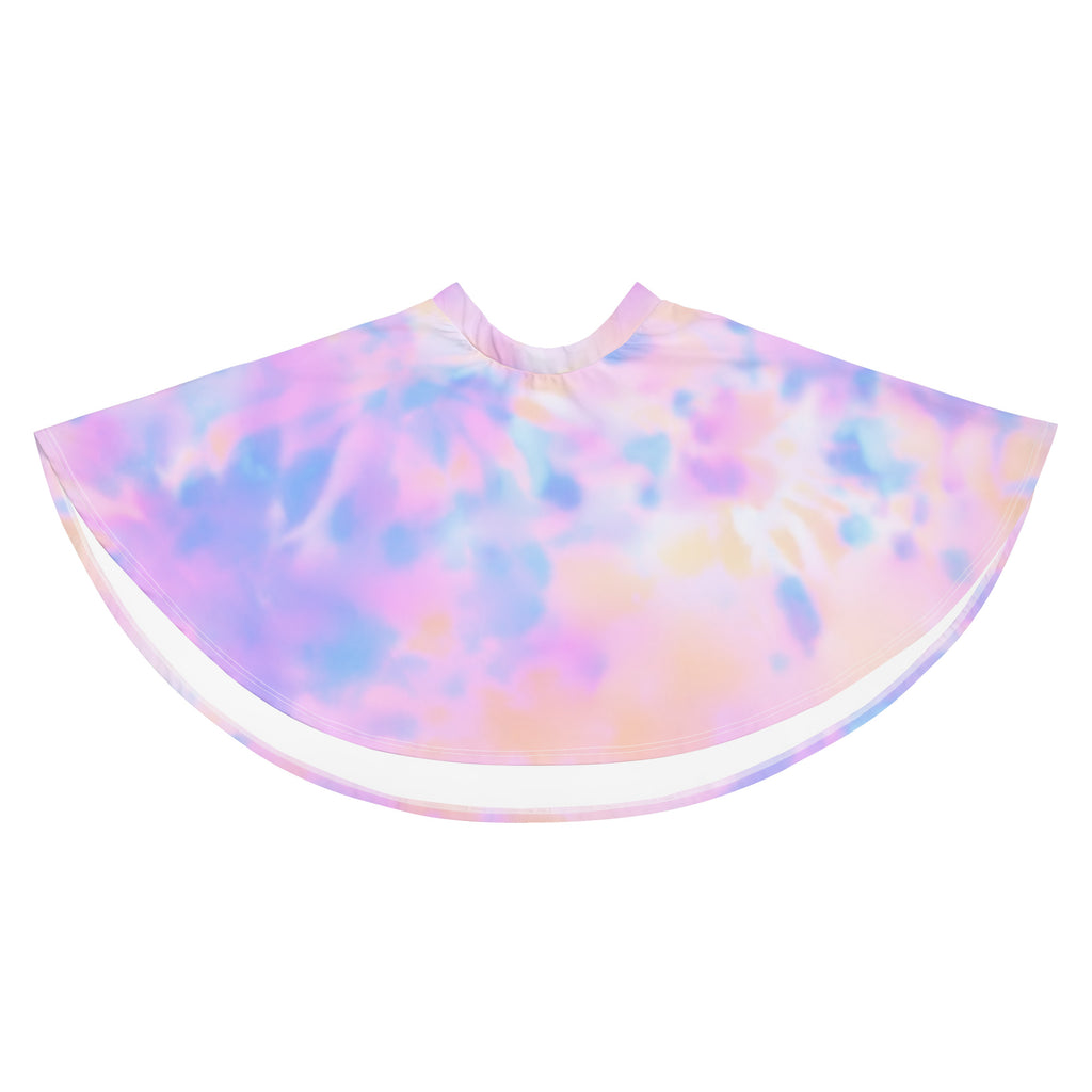 Pastel tie dye salon cape with soft flowing design and subtle iridescent sheen made from recycled fabric