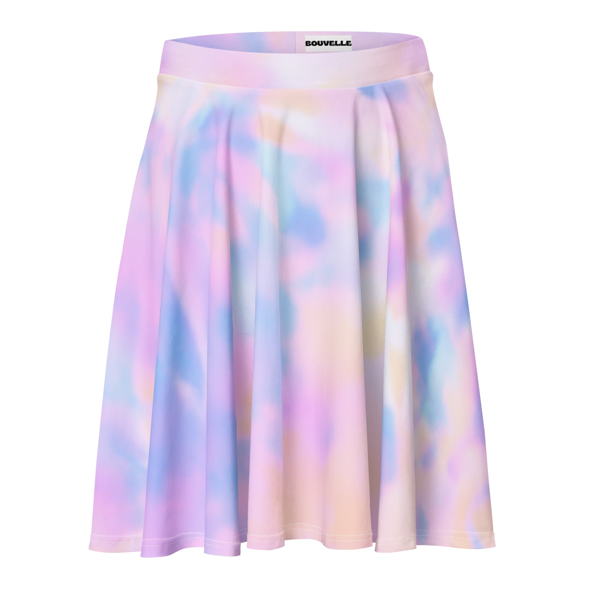 Women’s pastel watercolor tie dye skater skirt with soft pleats flowing silhouette pink blue lavender recycled fabric