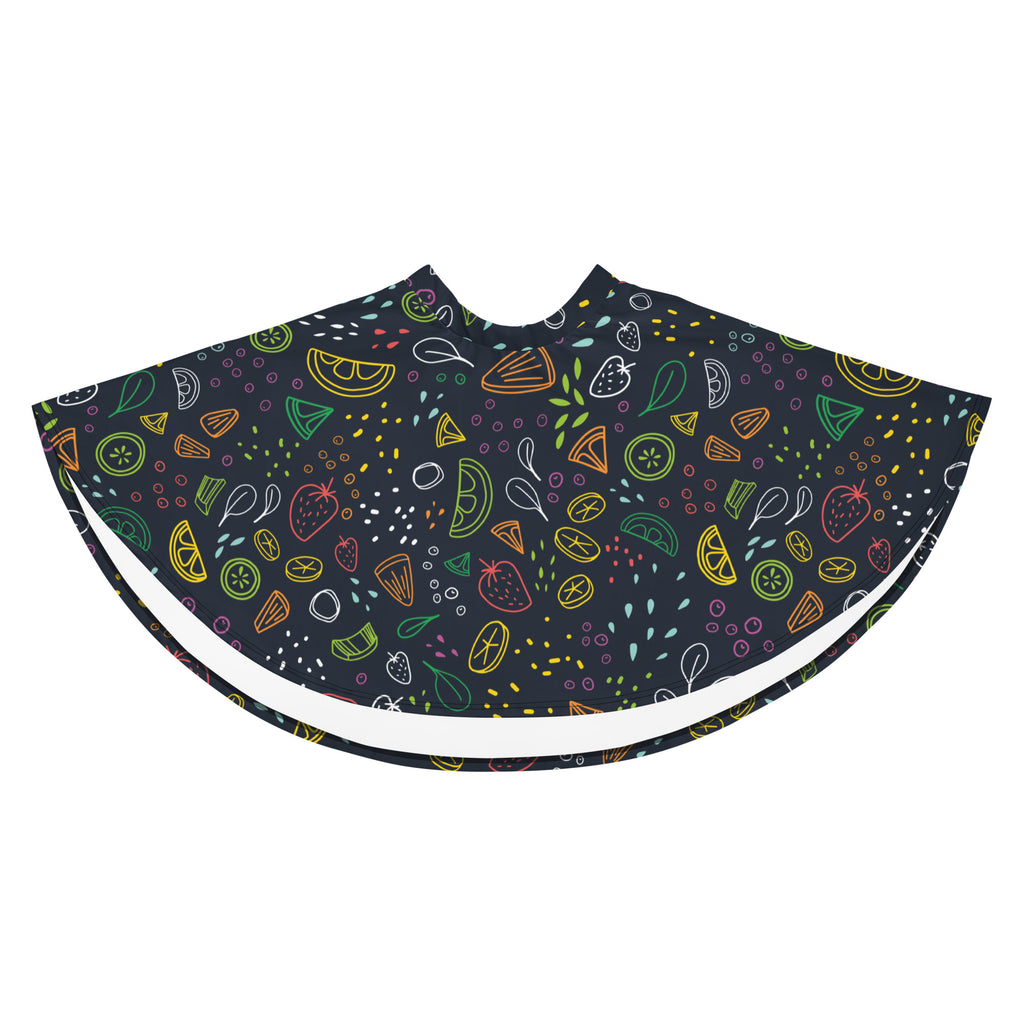 Women’s neon fruit skater skirt in dark navy with neon fruit pattern flowy high waisted recycled fabric upf 50+