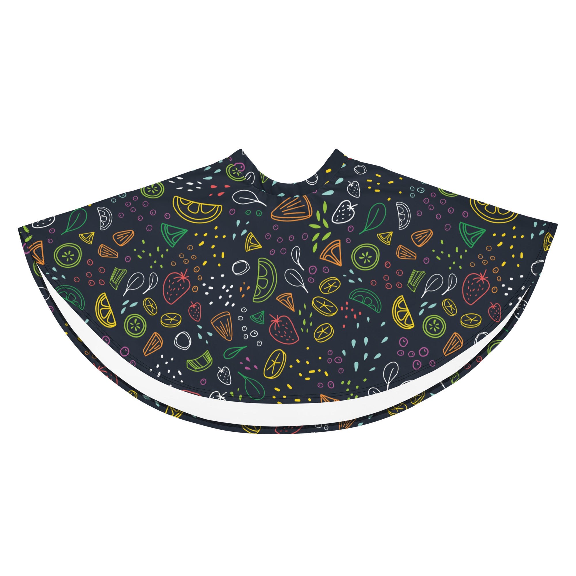 Women’s neon fruit skater skirt in dark navy with neon fruit pattern flowy high waisted recycled fabric upf 50+