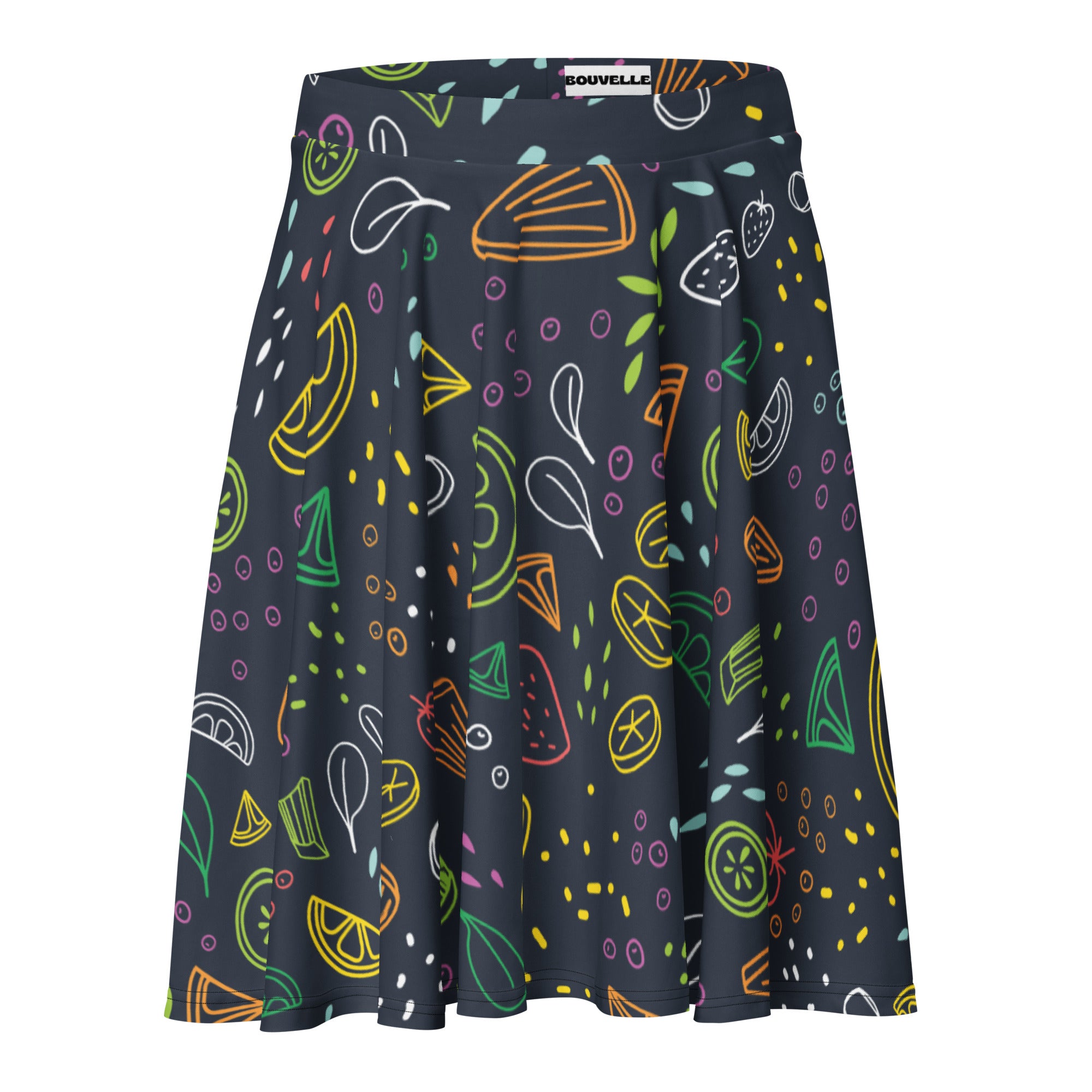 A dark navy pleated women’s skater skirt with neon fruit slice pattern made from recycled fabric with upf 50+ protection