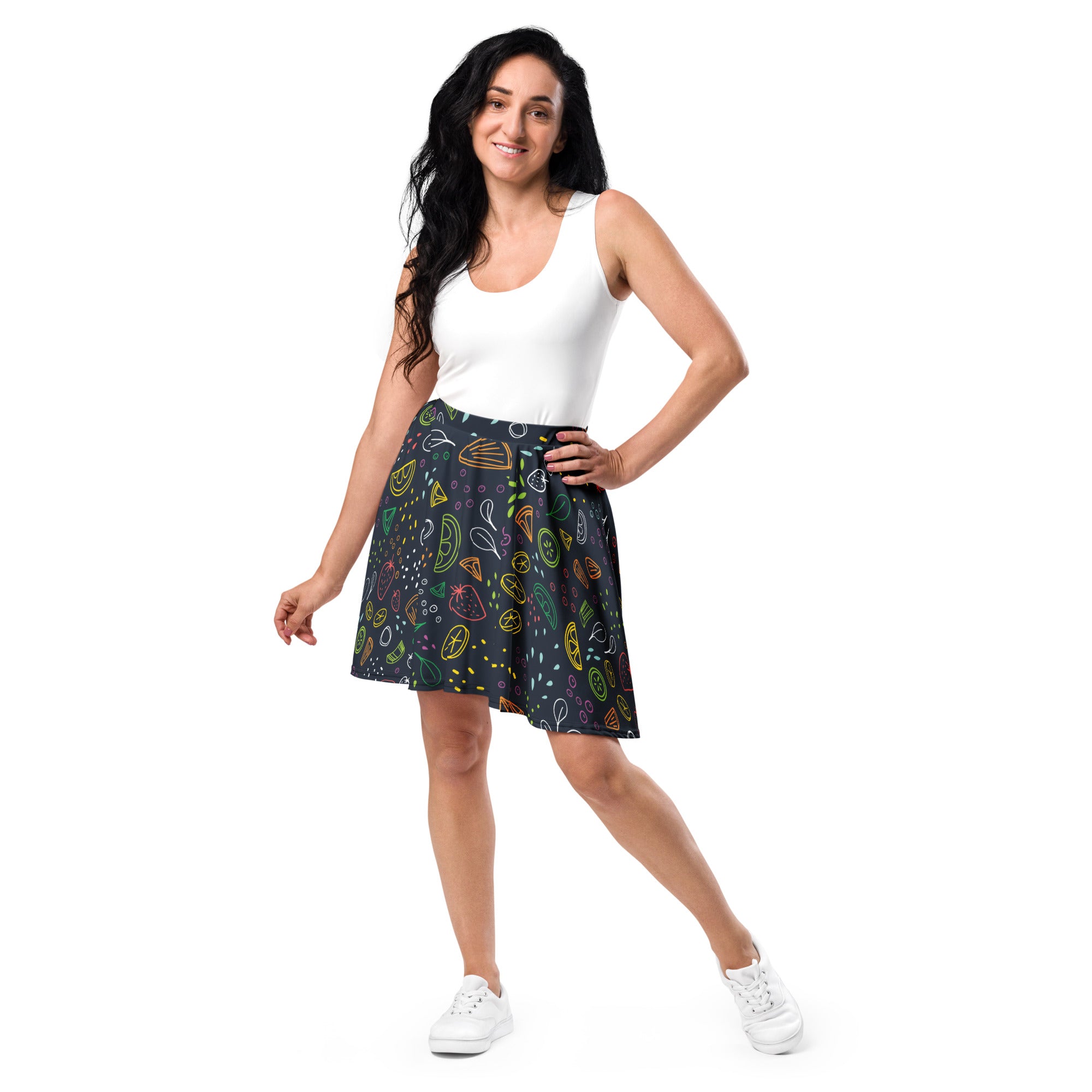 A dark navy women’s neon fruit skater skirt with vibrant neon fruit and vegetable pattern in recycled fabric and UPF 50+