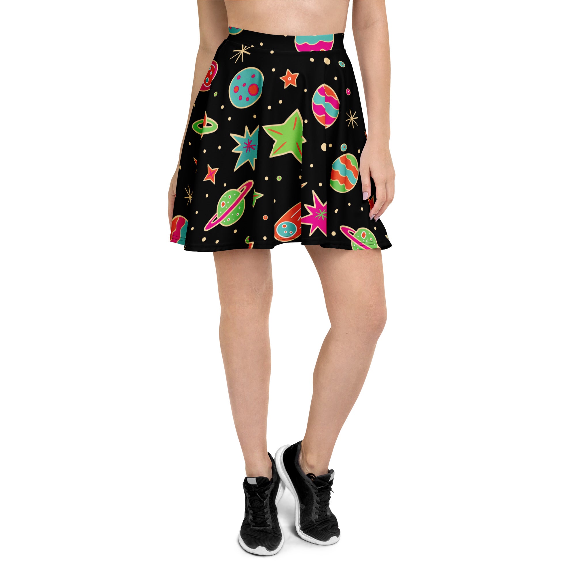 Women’s retro space skater skirt in black pleated recycled fabric with colorful planets stars and saturn-like rings