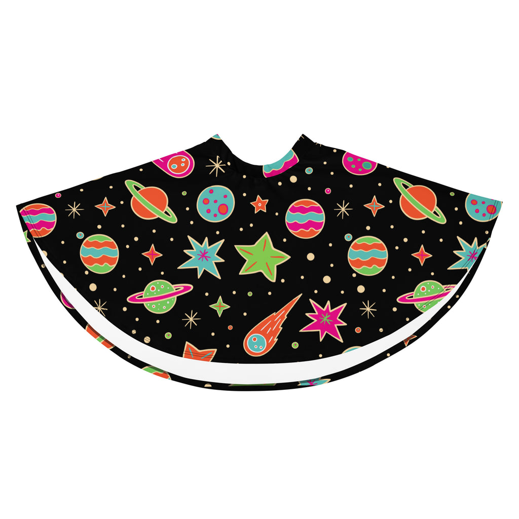 Women’s retro space skater skirt with flowy high waist in neon space-themed print with upf 50 plus recycled fabric