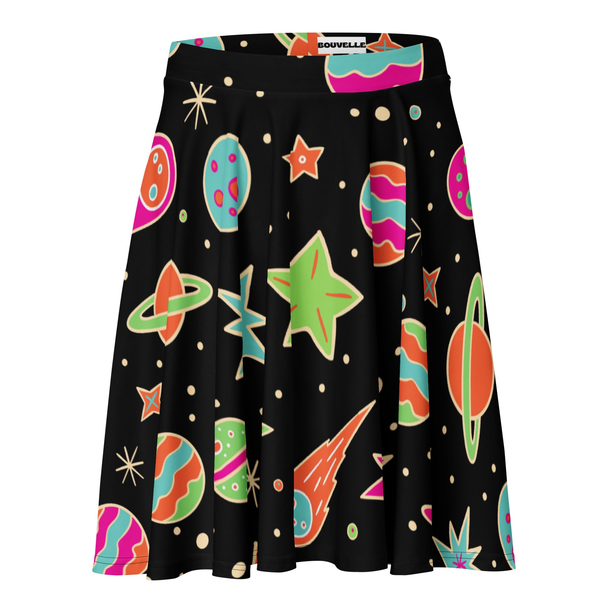 Black pleated women’s retro space skater skirt with vibrant cosmic print, high waisted flowy design, UPF 50+, recycled fabric